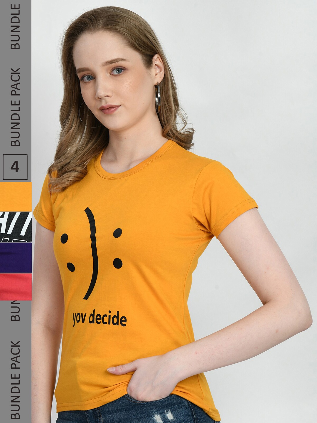 

IndiWeaves Pack Of 4 Printed Pure Cotton T-shirts, Yellow