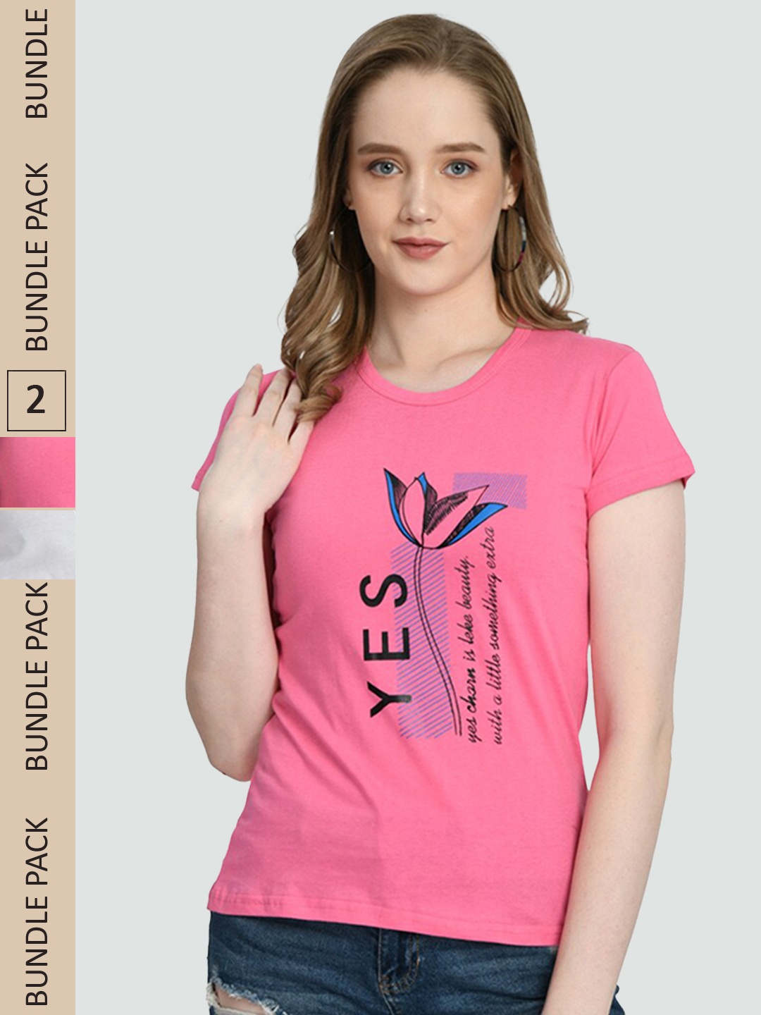 

IndiWeaves Pack Of 2 Typography Printed Cotton T-shirt, Pink
