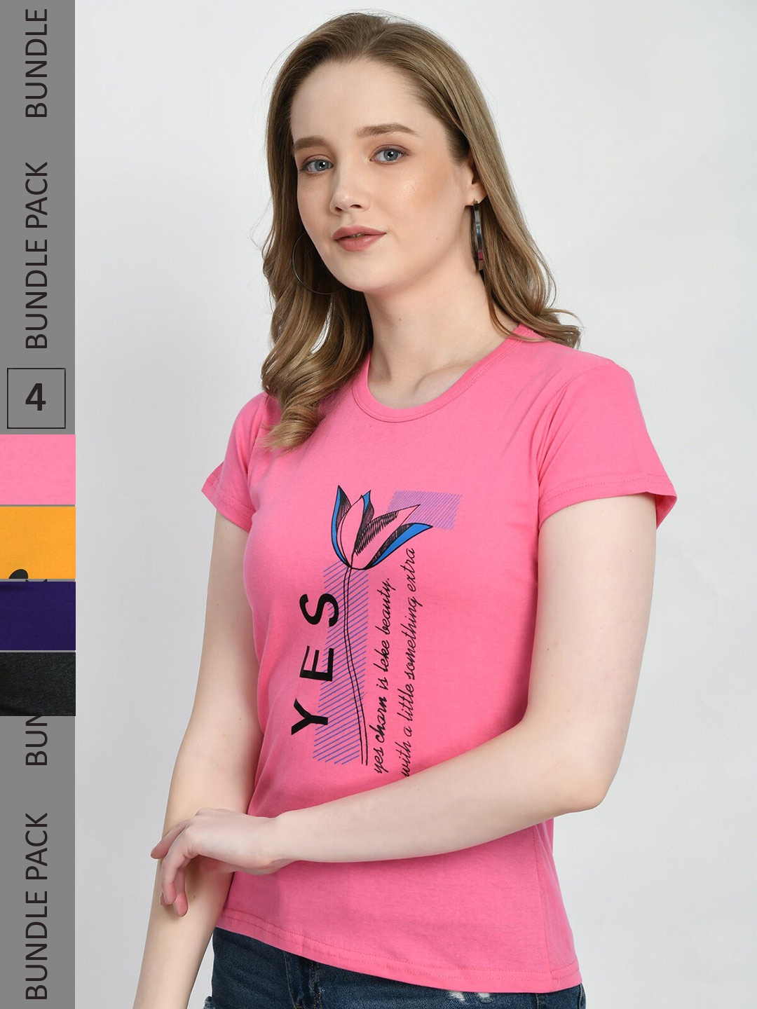 

IndiWeaves Pack Of 4 Typography Printed Cotton T-Shirt, Pink