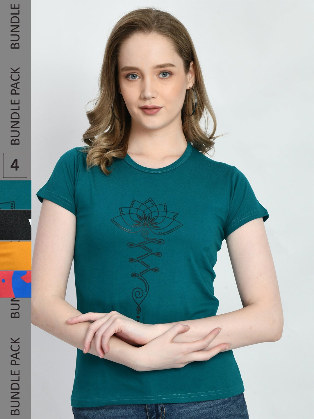 

IndiWeaves Pack Of 4 Printed Pure Cotton T-shirt, Teal