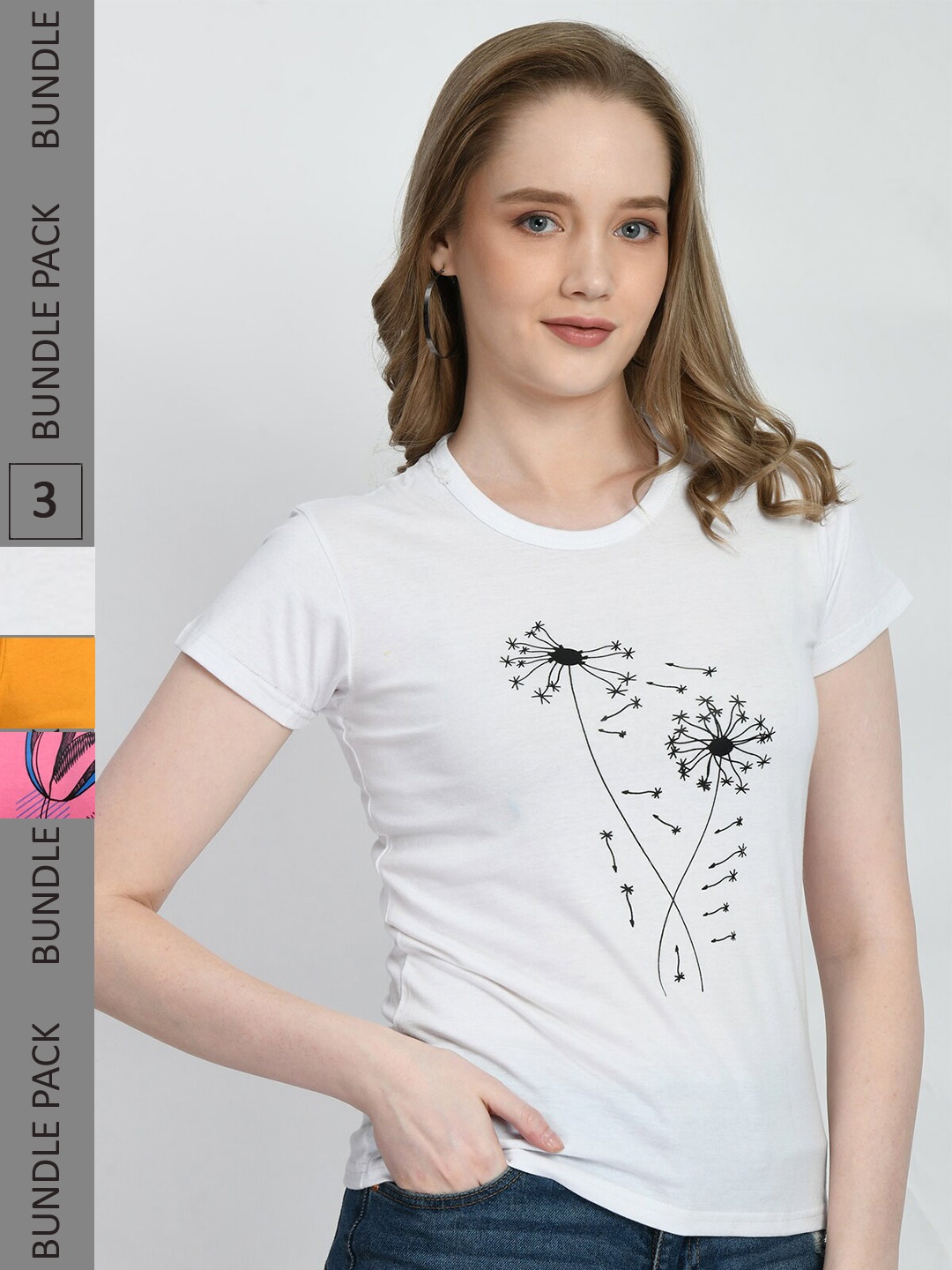 

IndiWeaves Pack Of 3 Printed Round Neck Pure Cotton T-shirt, White