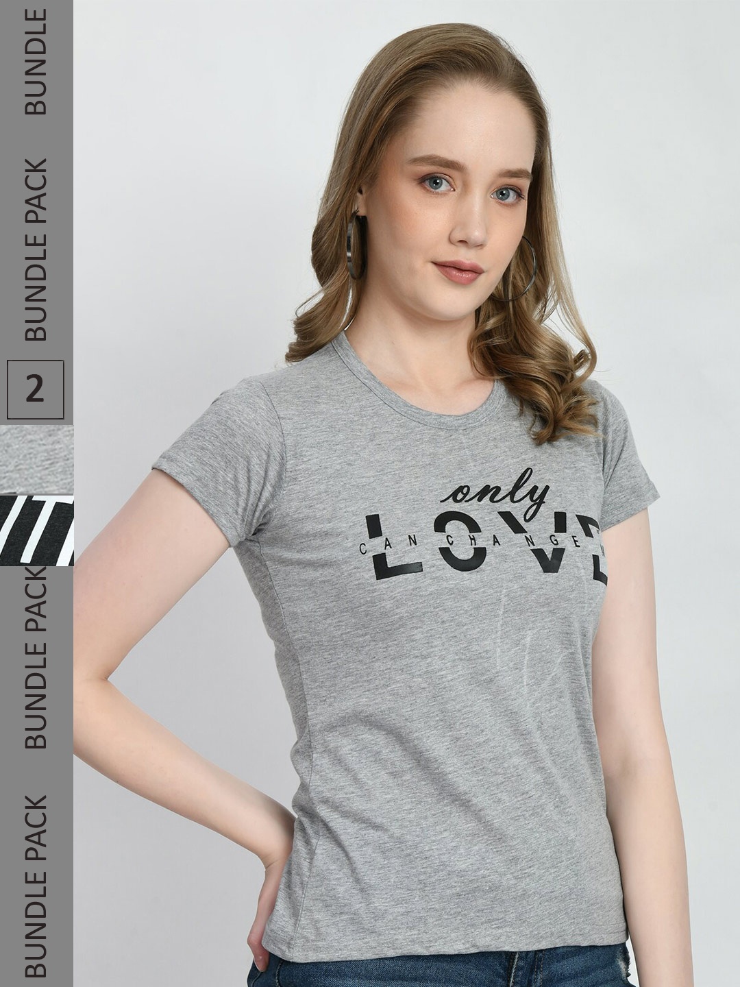IndiWeaves Pack Of 2 Typography Printed Cotton T-Shirt, Grey