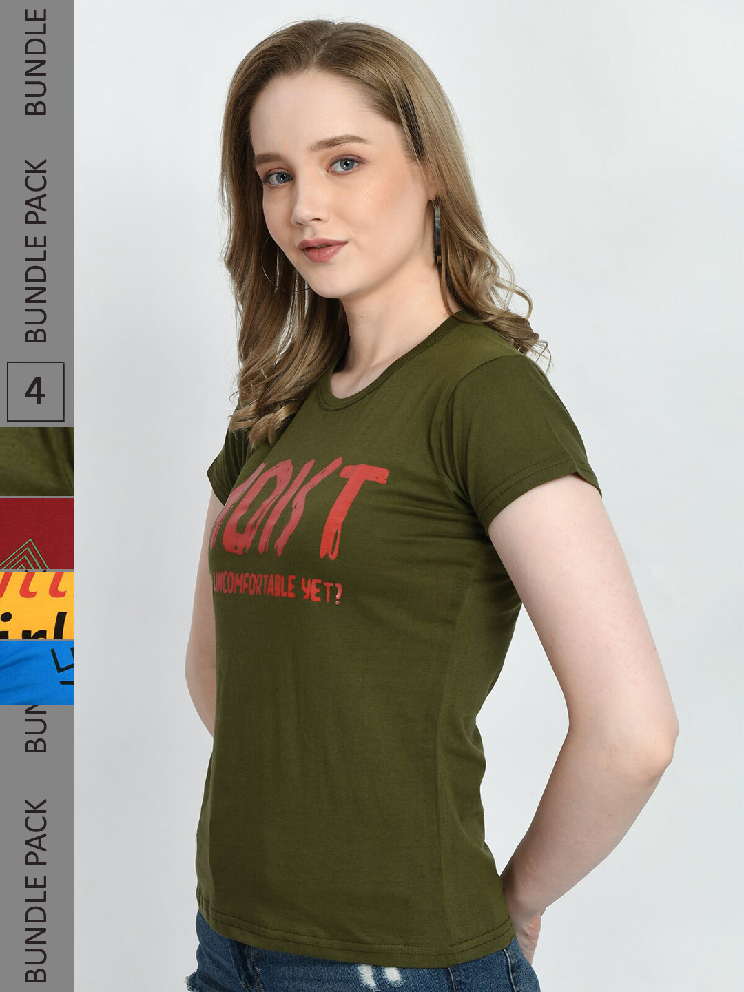 

IndiWeaves Pack Of 4 Printed Round Neck Pure Cotton T-shirt, Green