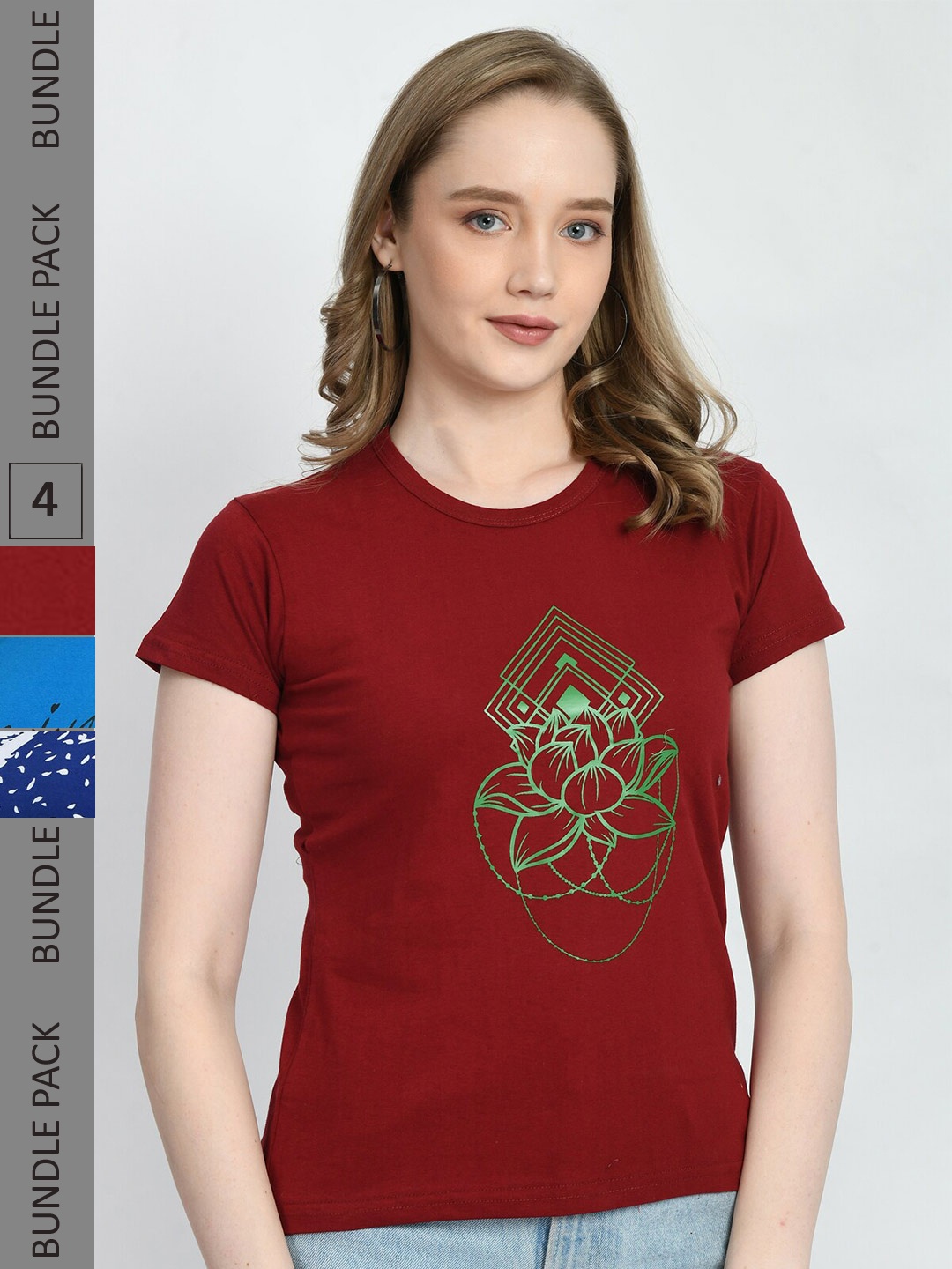 

IndiWeaves Pack Of 4 Printed Round Neck Pure Cotton T-shirt, Maroon