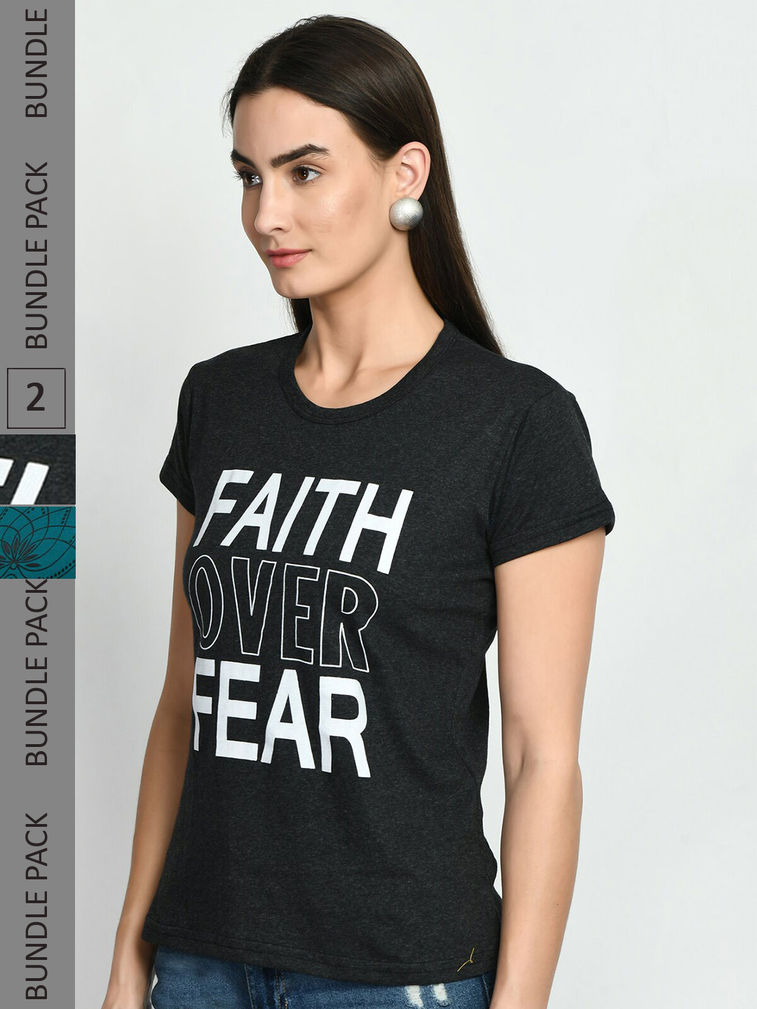 

IndiWeaves Pack Of 2 Printed Pure Cotton Casual T-Shirts, Charcoal