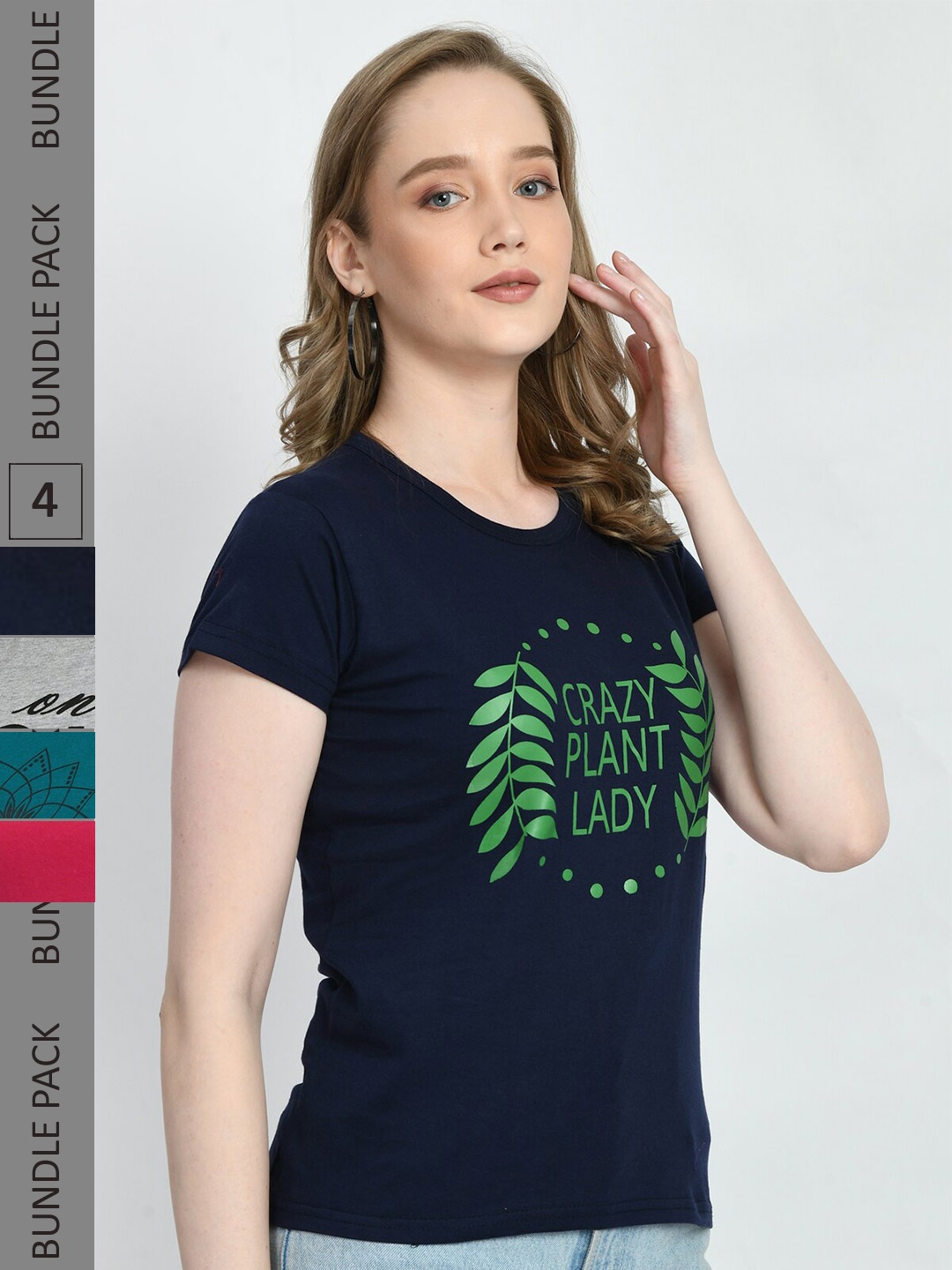 

IndiWeaves Pack Of 4 Printed Casual Pure Cotton T-shirts, Navy blue