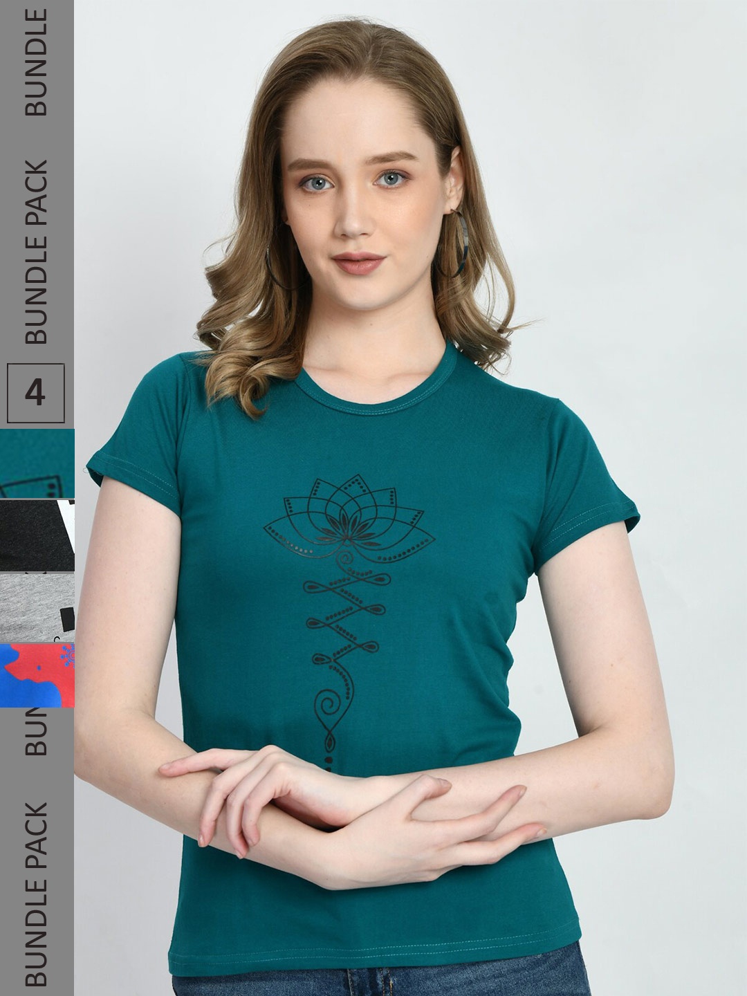 

IndiWeaves Pack Of 4 Typography Printed Cotton T-Shirt, Teal