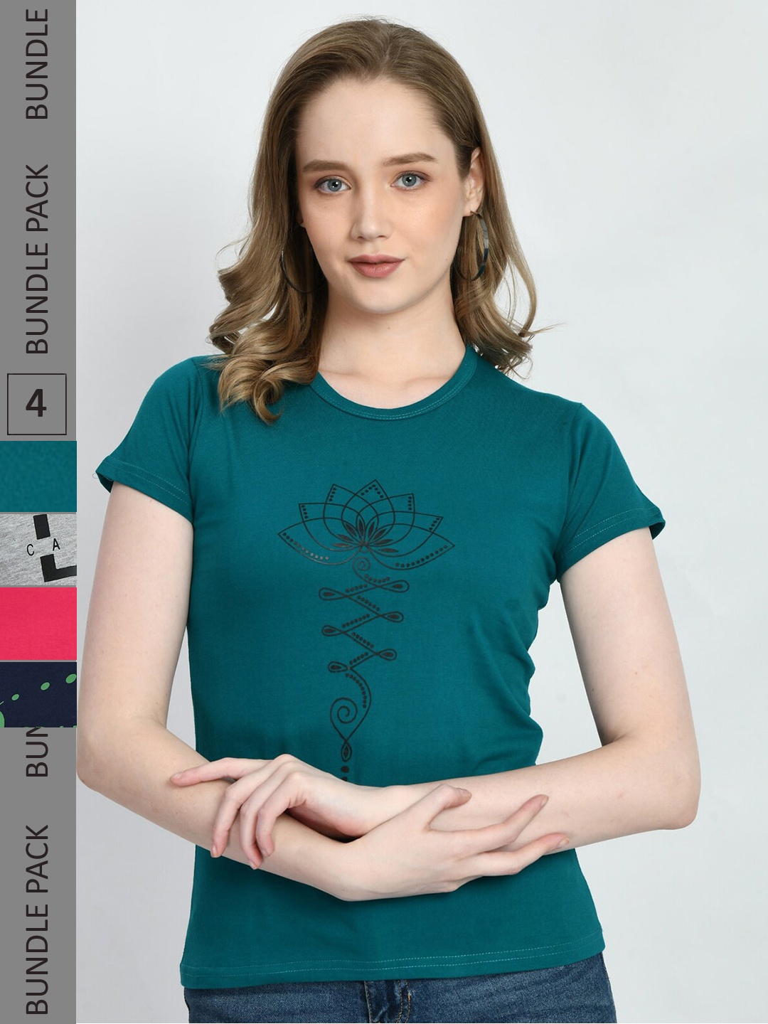 

IndiWeaves Pack Of 5 Printed Pure Cotton T-shirts, Teal