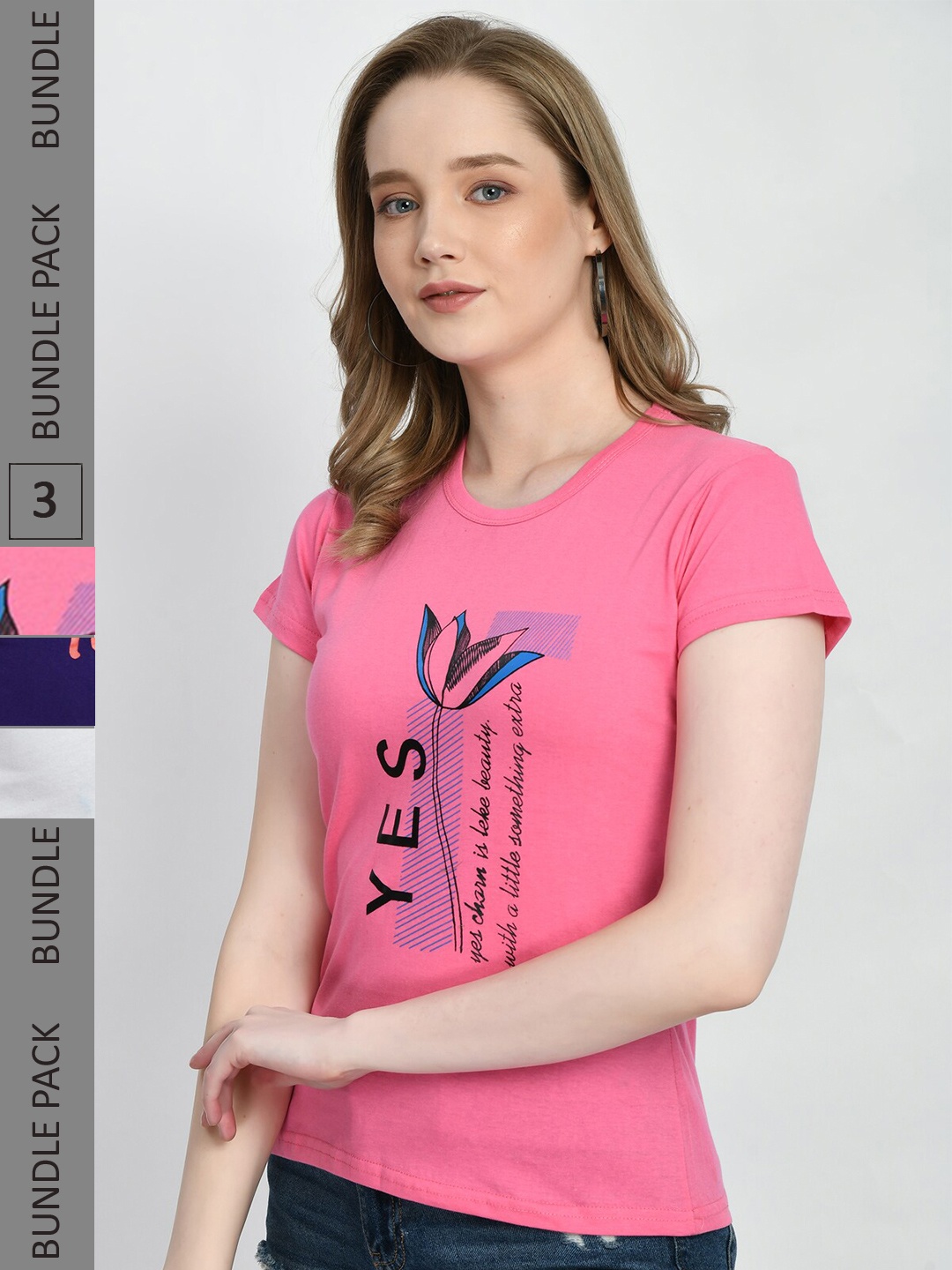 

IndiWeaves Pack Of 3 Typography Printed Cotton T-Shirt, Pink