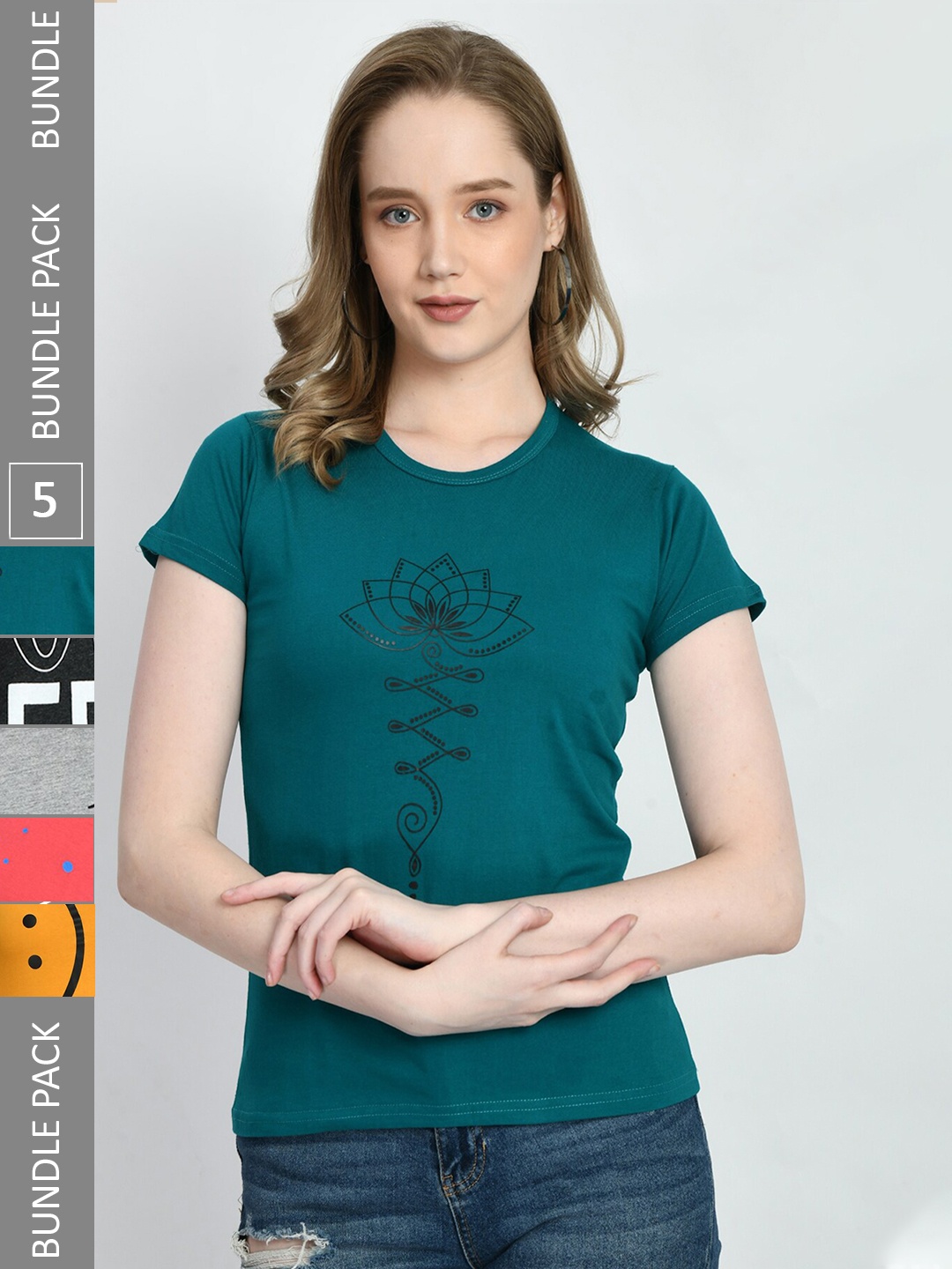 

IndiWeaves Pack Of 5 Printed Pure Cotton T-shirts, Teal