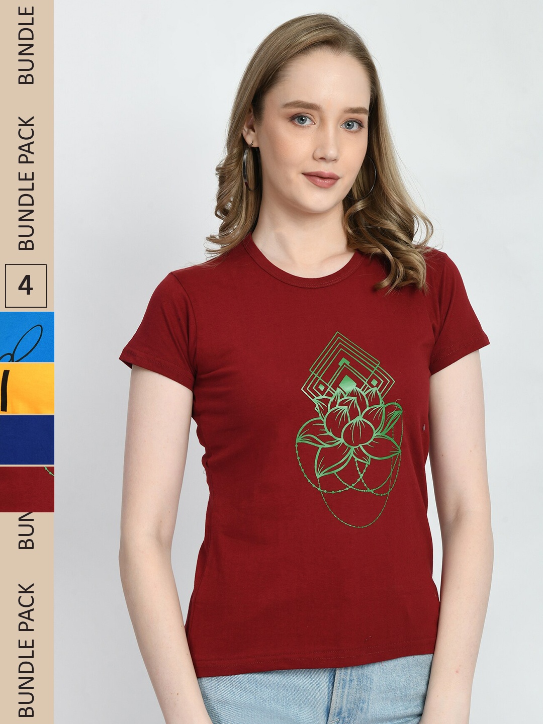 

IndiWeaves Pack of 4 Printed Pure Cotton T-shirt, Maroon