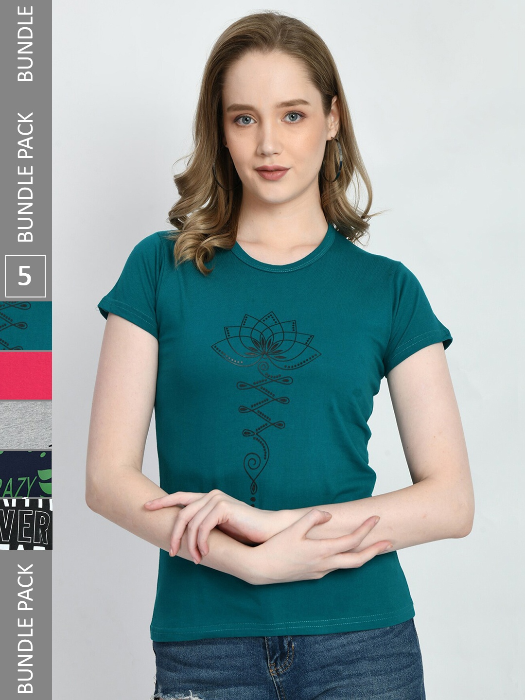 

IndiWeaves Pack Of 5 Typography Printed Pure Cotton T-shirt, Teal