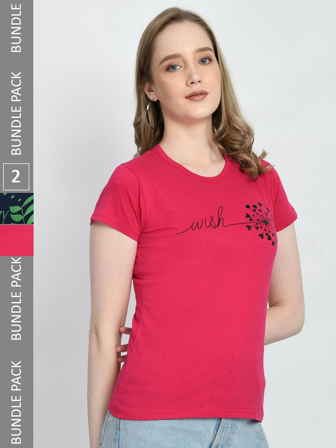 

IndiWeaves Pack Of 2 Typography Printed Cotton T-Shirt, Pink