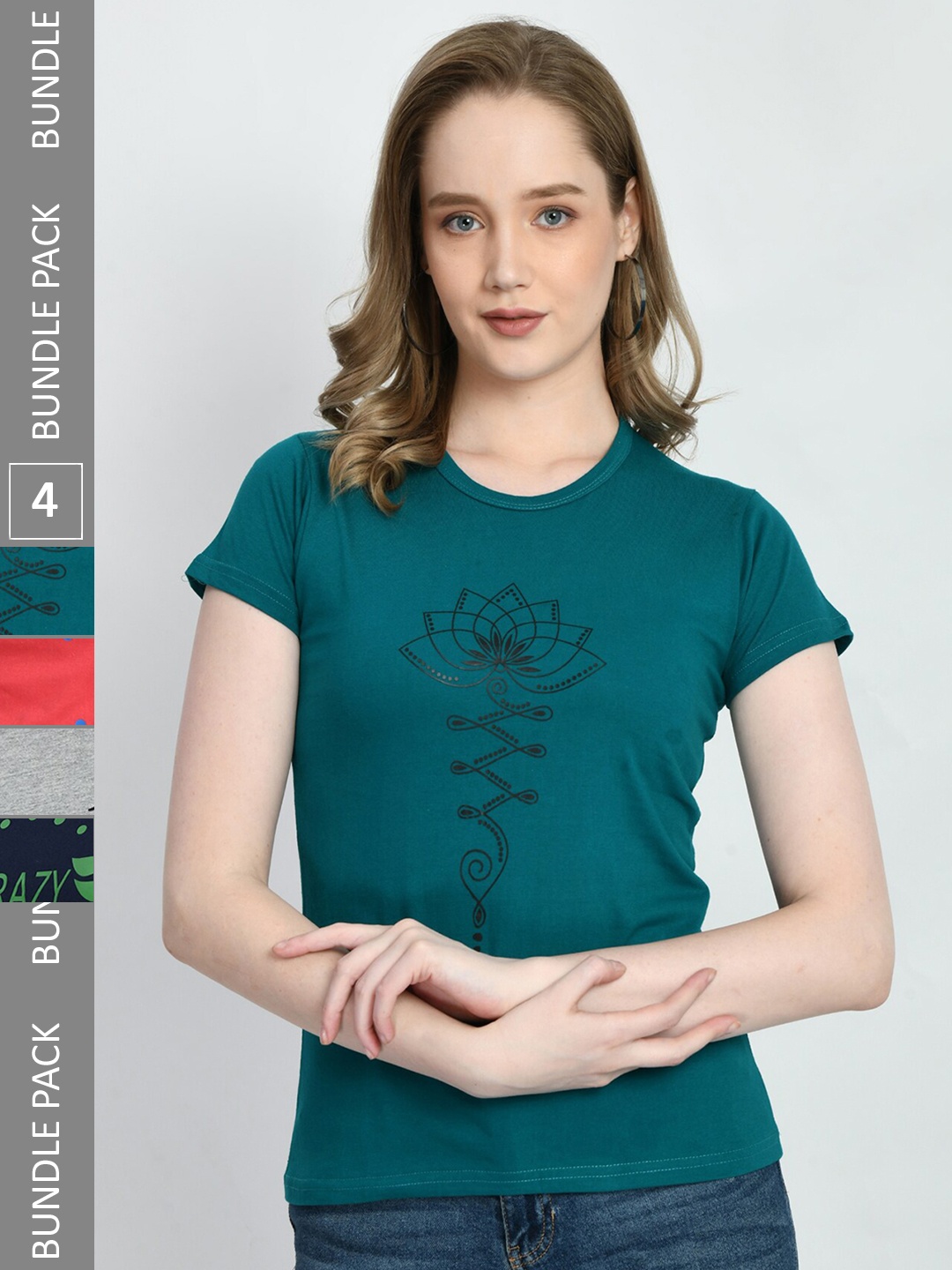 

IndiWeaves Pack Of 4 Floral Printed Pure Cotton T-shirt, Teal