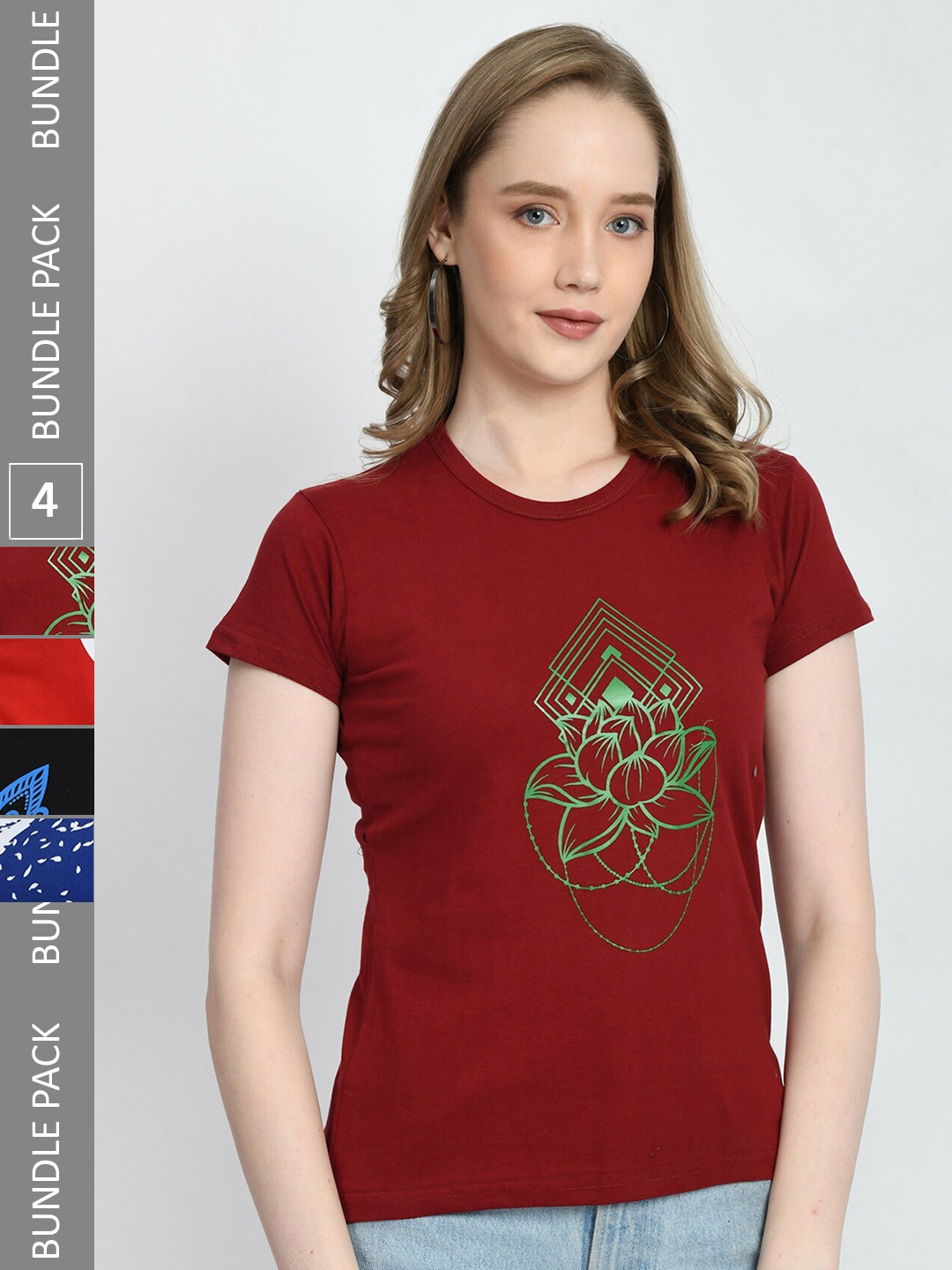 

IndiWeaves Pack Of 4 Graphic Printed Cotton T-Shirt, Rust