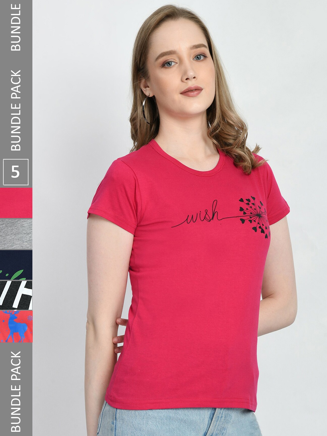 

IndiWeaves Pack Of 5 Printed Round Neck Pure Cotton T-shirt, Grey