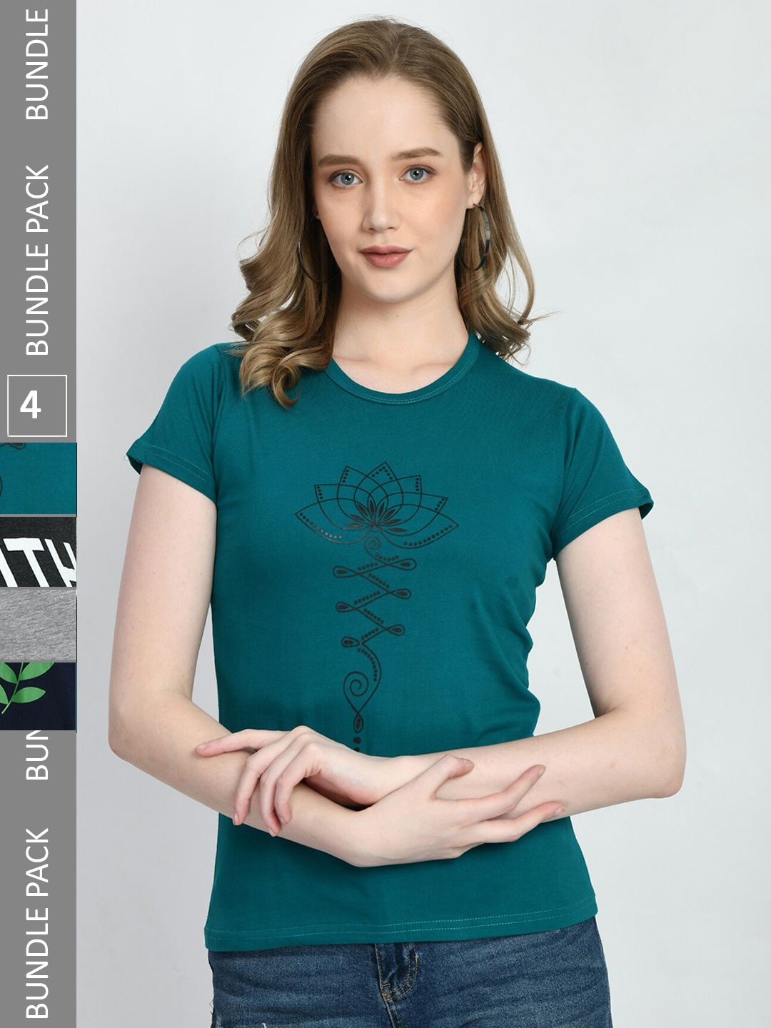 

IndiWeaves Pack Of 4 Floral Printed Pure Cotton T-shirt, Teal