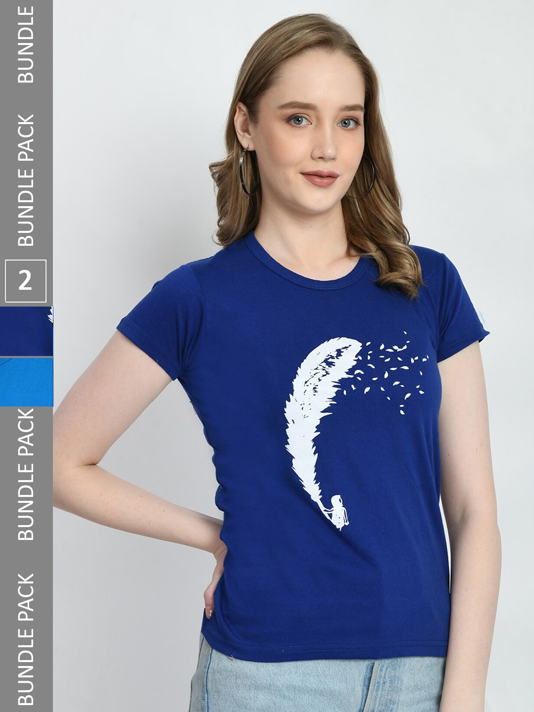 

IndiWeaves Pack Of 2 Printed Round Neck Pure Cotton T-shirt, Navy blue