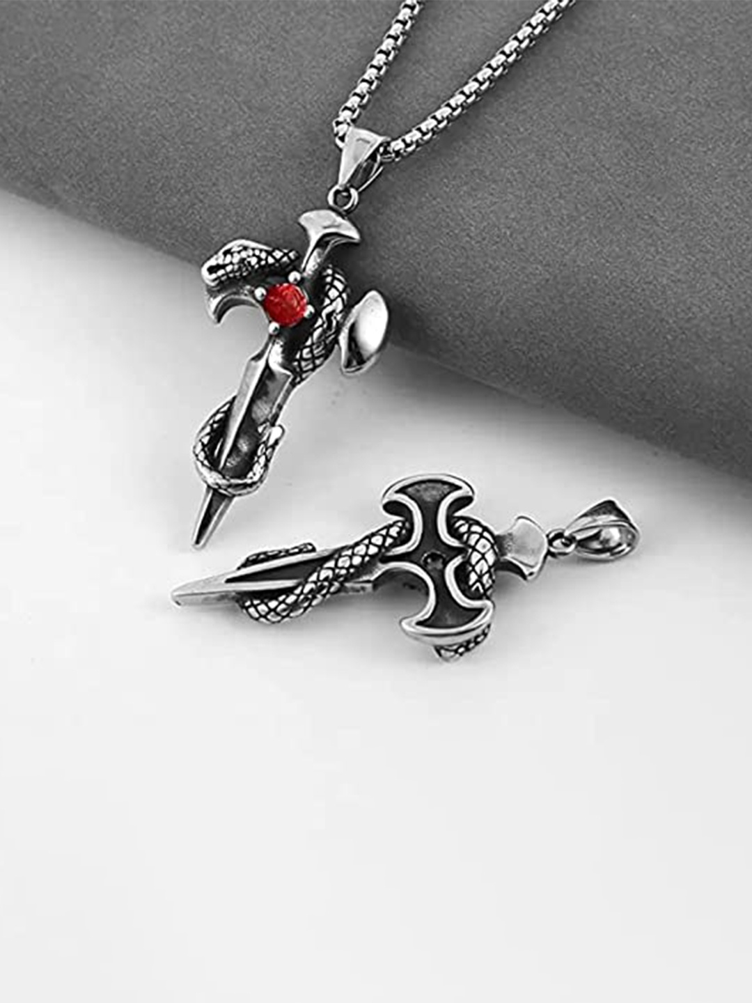 

VIEN Silver-Plated Viking Gothic Sword With Snake Pendant Antique Chain