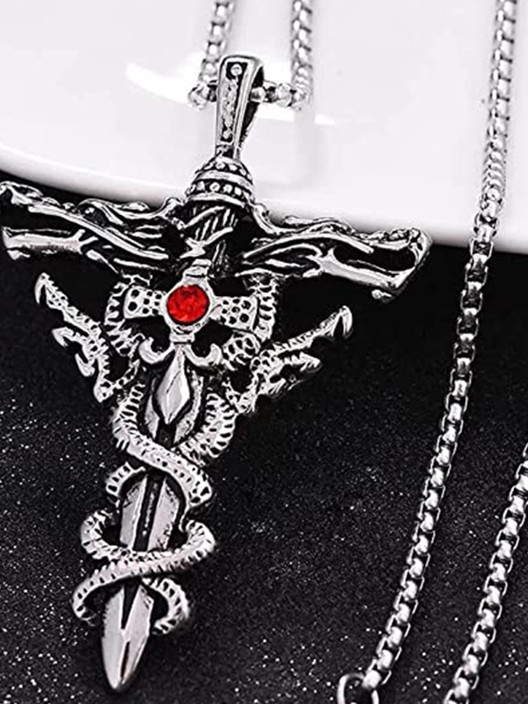 

VIEN Silver-Plated Double Dragon Sword Pendant Antique Chain