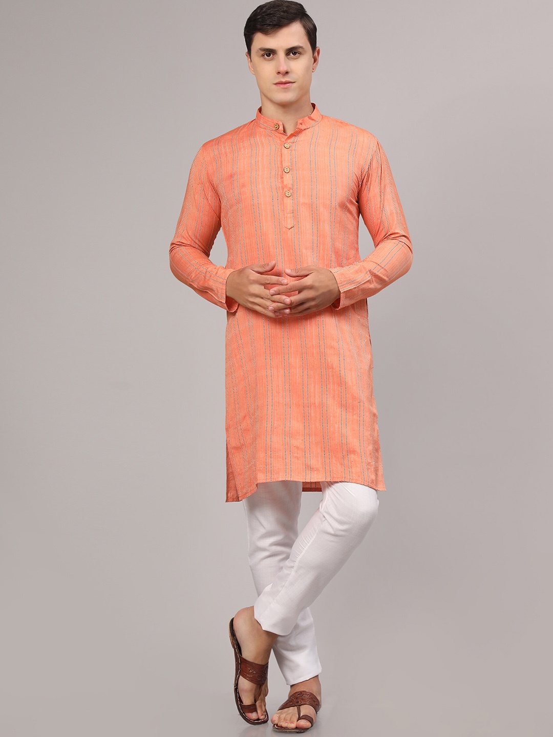

Murta Trends Striped Mandarin Collar Regular Straight Kurta With Pyjamas, Orange