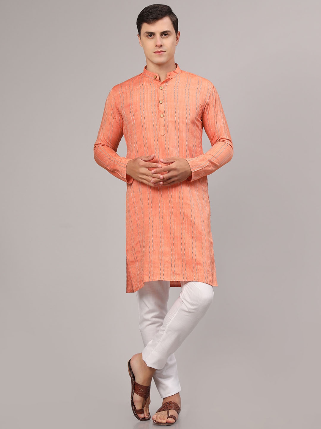 

Murta Trends Striped Zari Mandarin Collar Kurta with Pyjamas, Orange