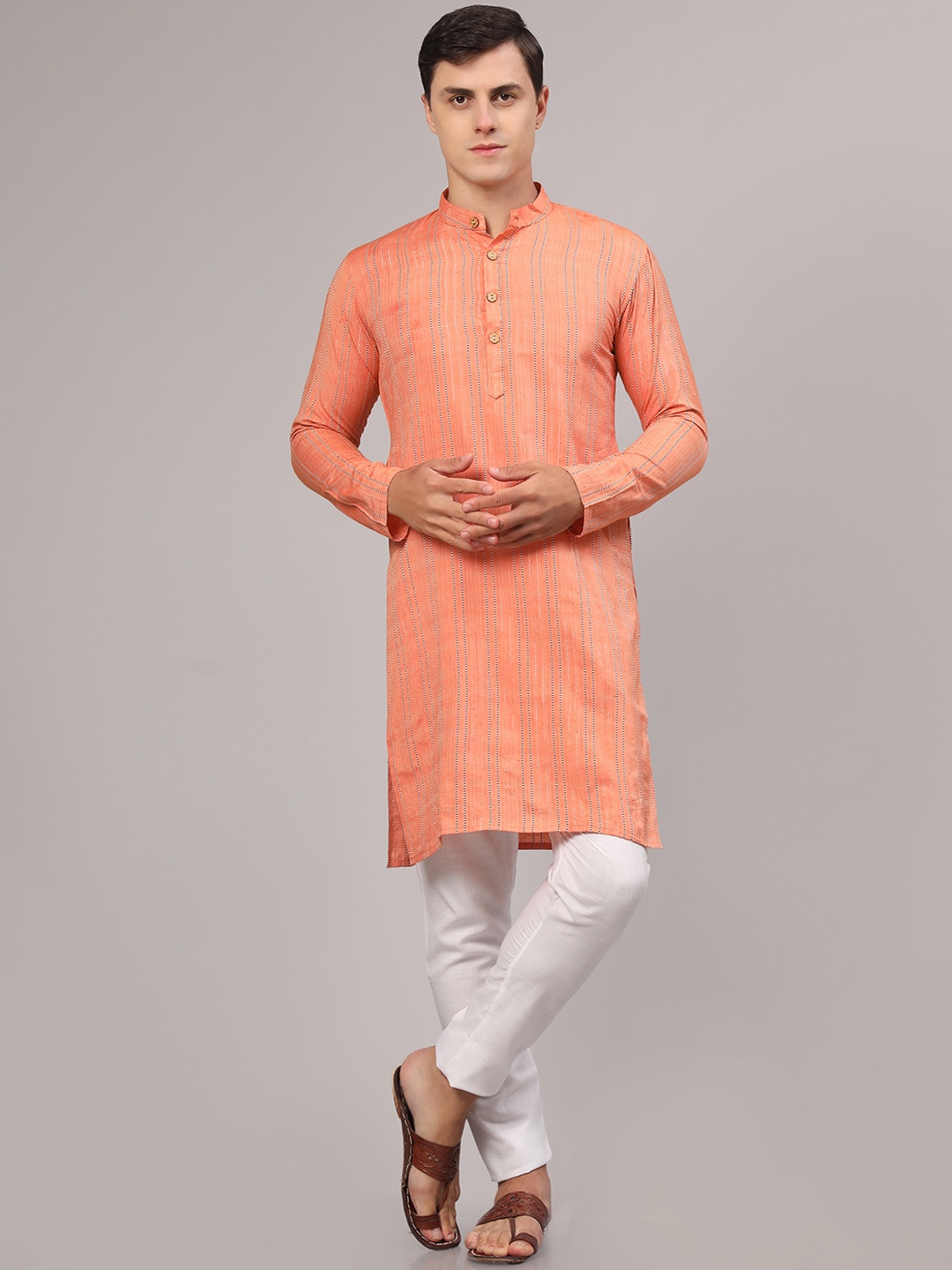 

Murta Trends Striped Mandarin Collar Regular Kurta With Pyjamas, Orange