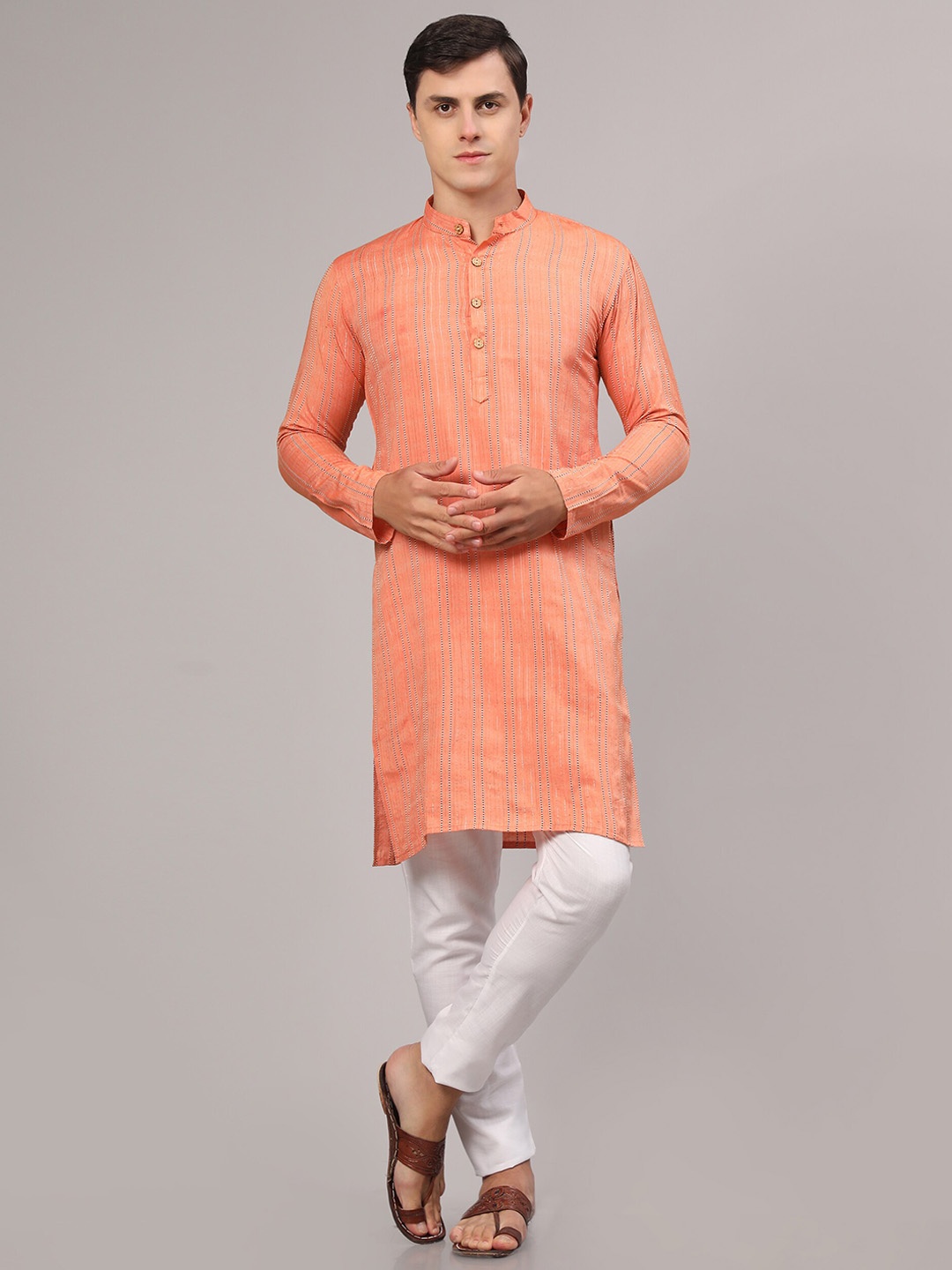 

Murta Trends Striped Mandarin Collar Kurta with Pyjamas, Orange