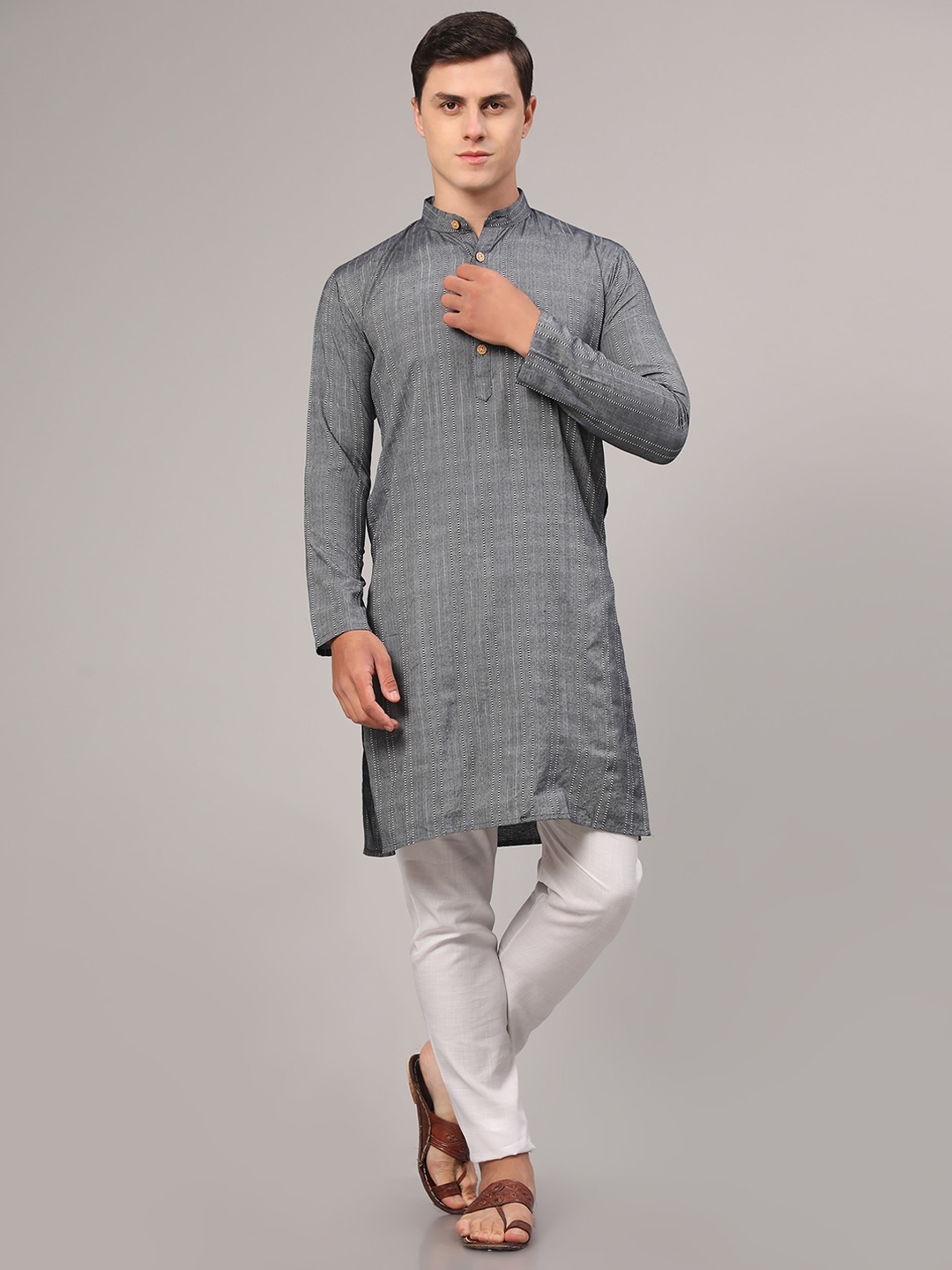 

Murta Trends Striped Band Collar Regular Straight Kurta With Pyjamas, Grey