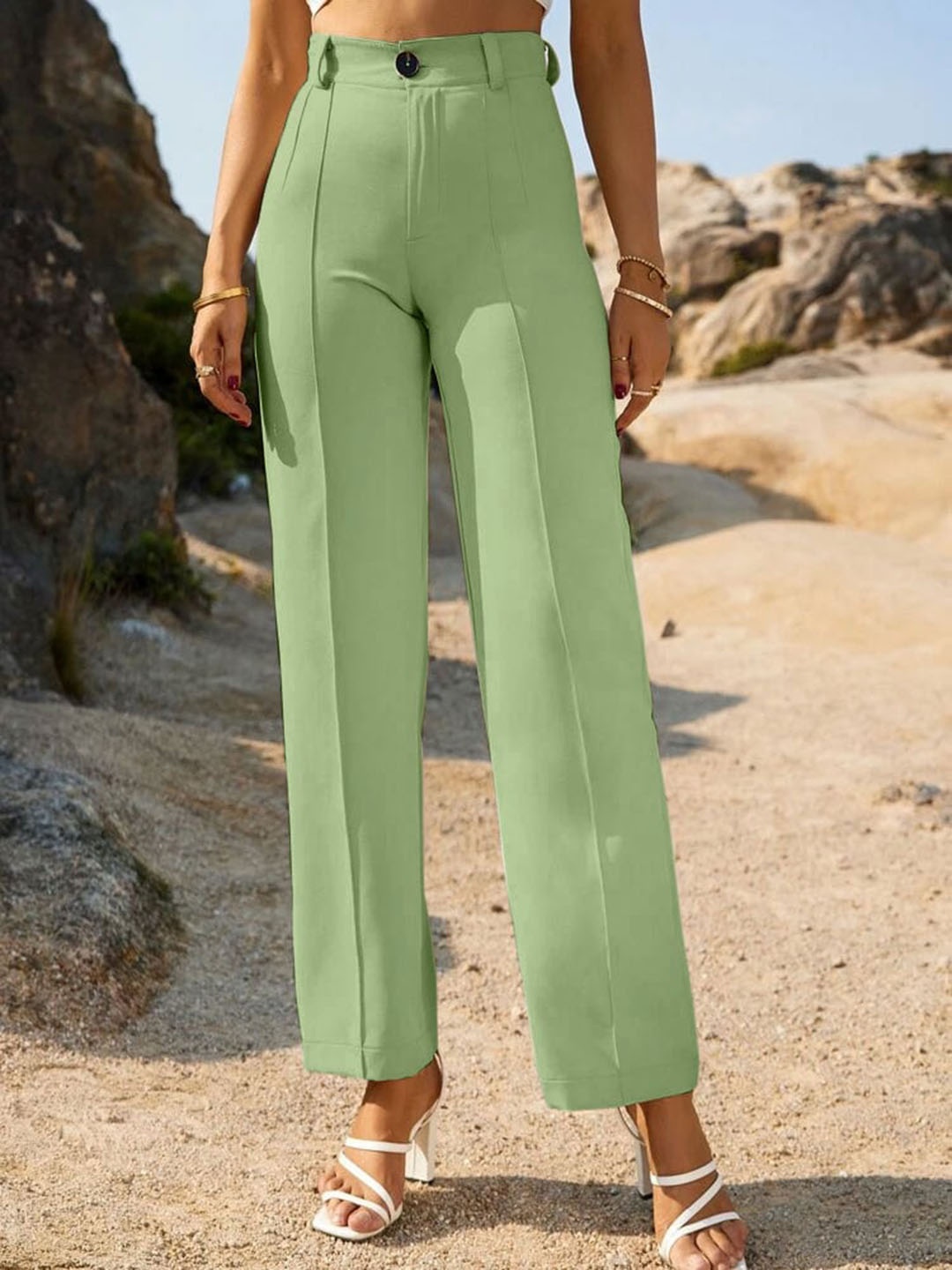 

Wuxi Women Relaxed Straight Leg High-Rise Trousers, Lime green