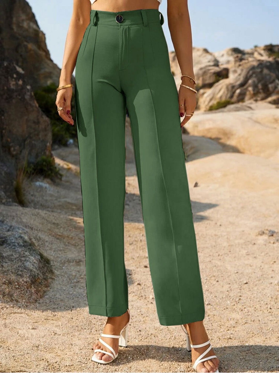 

Wuxi Women Relaxed Straight Leg Straight Fit High-Rise Easy Wash Parallel Trousers, Green