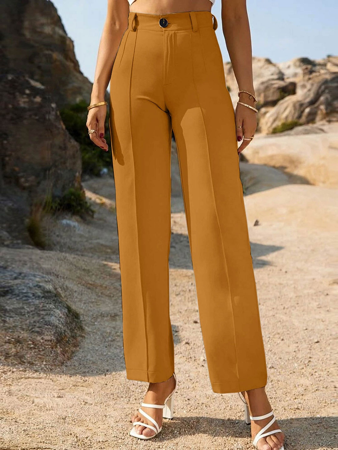 

Wuxi Women Relaxed Straight Leg Straight Fit High-Rise Easy Wash Parallel Trousers, Yellow