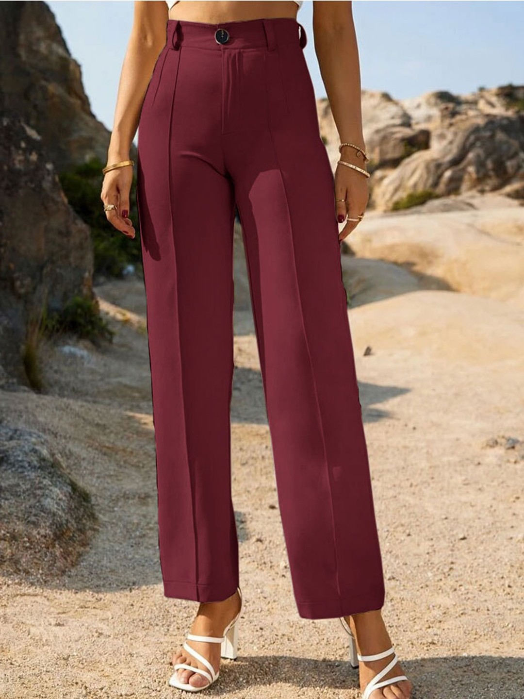 

Wuxi Women Relaxed Straight Leg High-Rise Trousers, Maroon