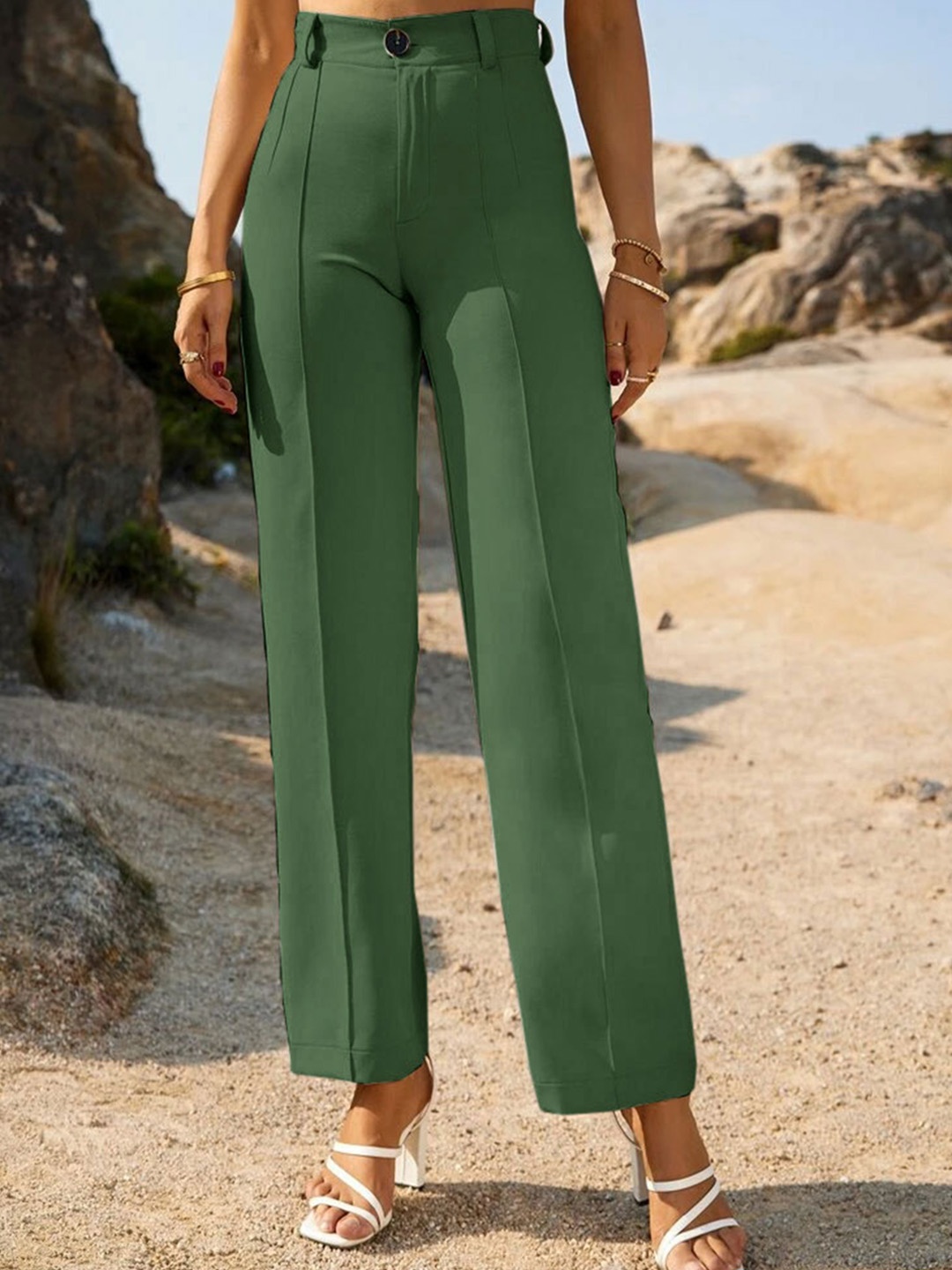 

Wuxi Women Relaxed Straight Leg Straight Fit High-Rise Easy Wash Parallel Trousers, Green