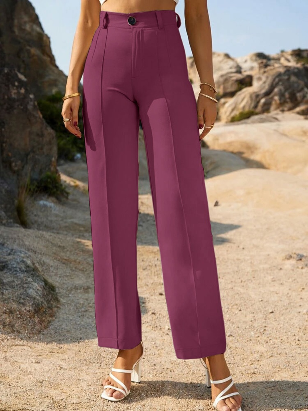 

Wuxi Women Relaxed Straight Leg Straight Fit High-Rise Easy Wash Trousers, Pink