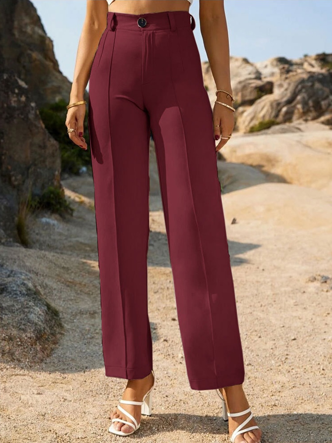 

Wuxi Women Relaxed Straight Leg Straight Fit High-Rise Easy Wash Parallel Trousers, Maroon