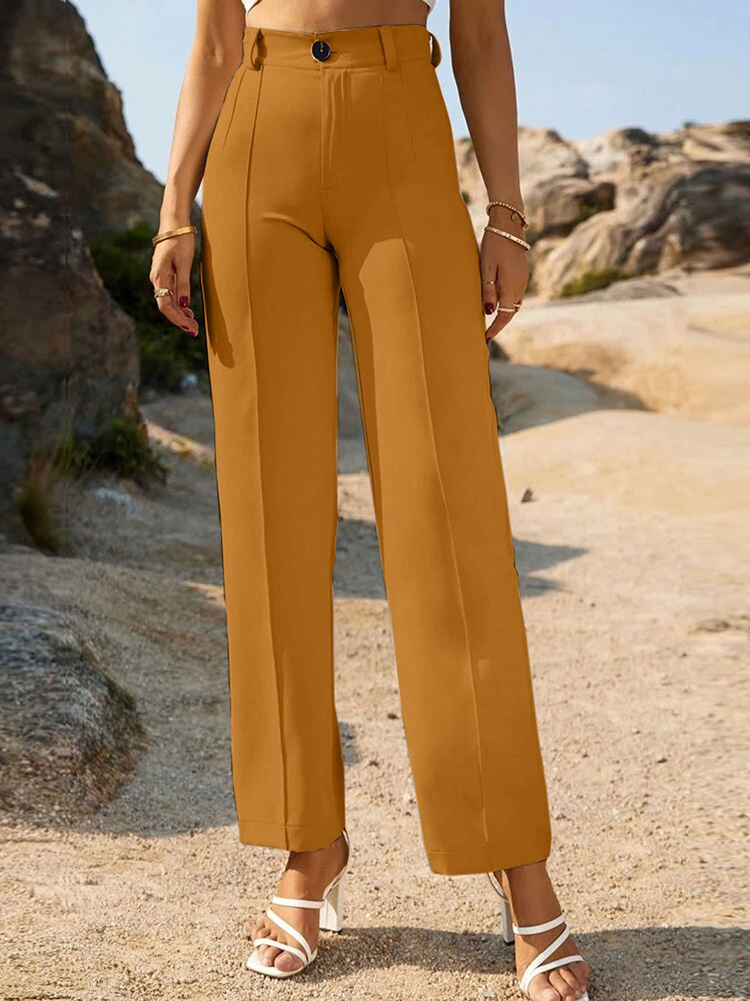 

Wuxi Women Relaxed Straight Leg Straight Fit High-Rise Easy Wash Parallel Trousers, Yellow