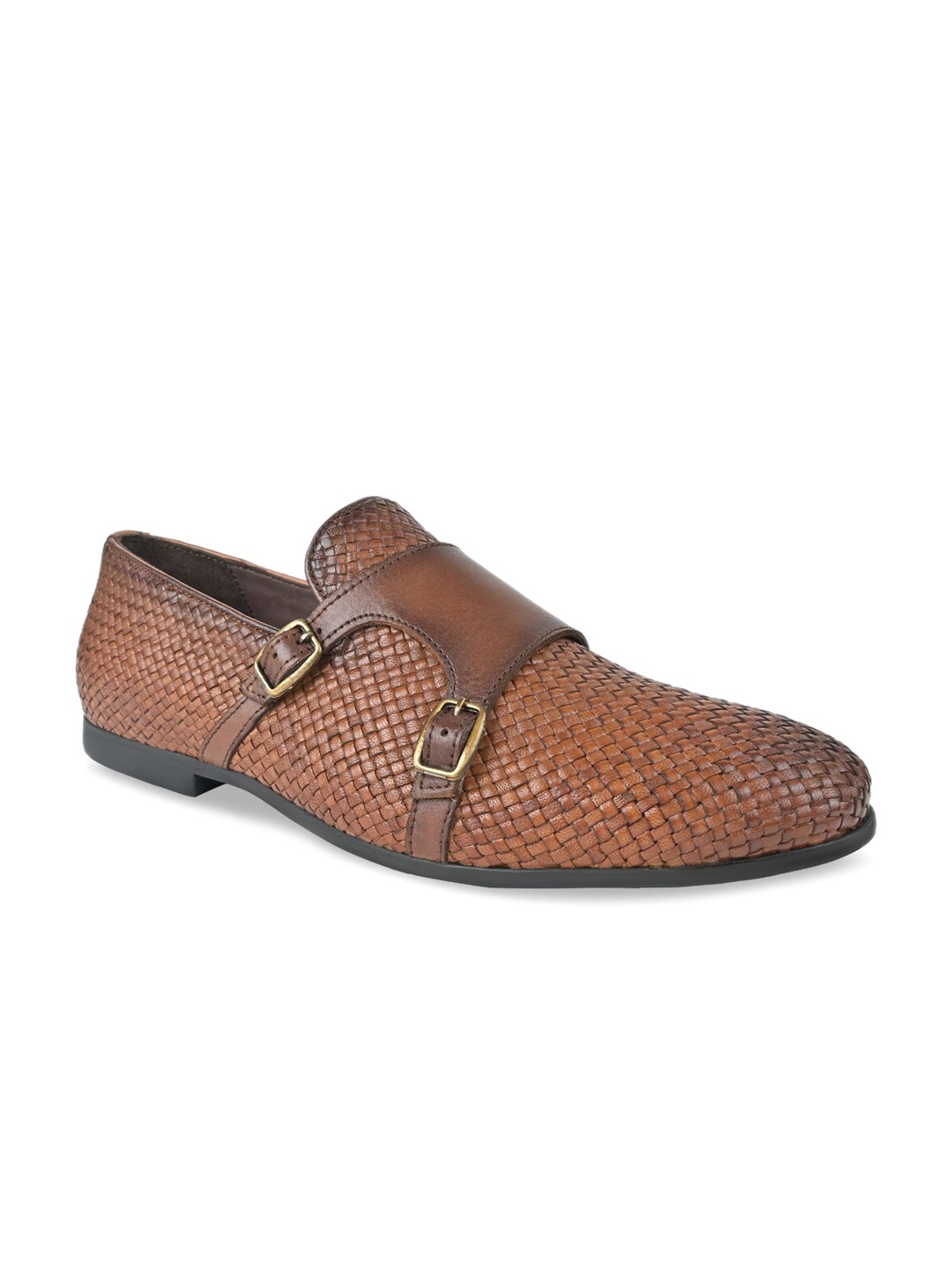 

Regal Men Woven Design Leather Formal Double Monks Shoes With Buckle Detail, Tan