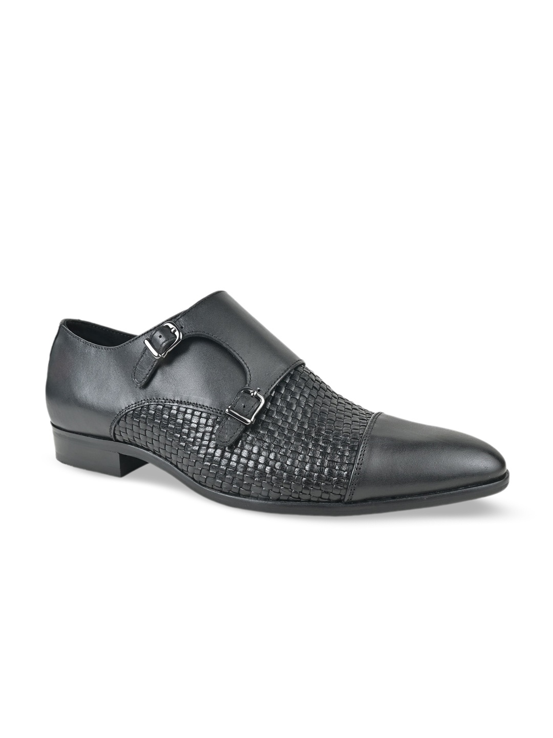 

Regal Men Woven Design Leather Formal Double Monks Shoes With Buckle Detail, Black