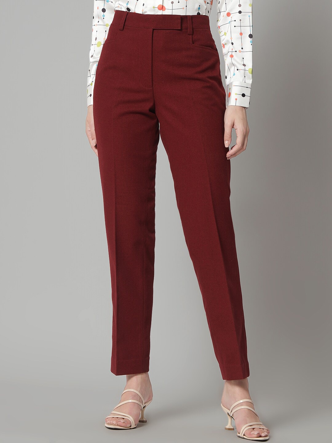 

PowerSutra Women Mid-Rise Tailored Fit Easy Wash Formal Trousers, Red