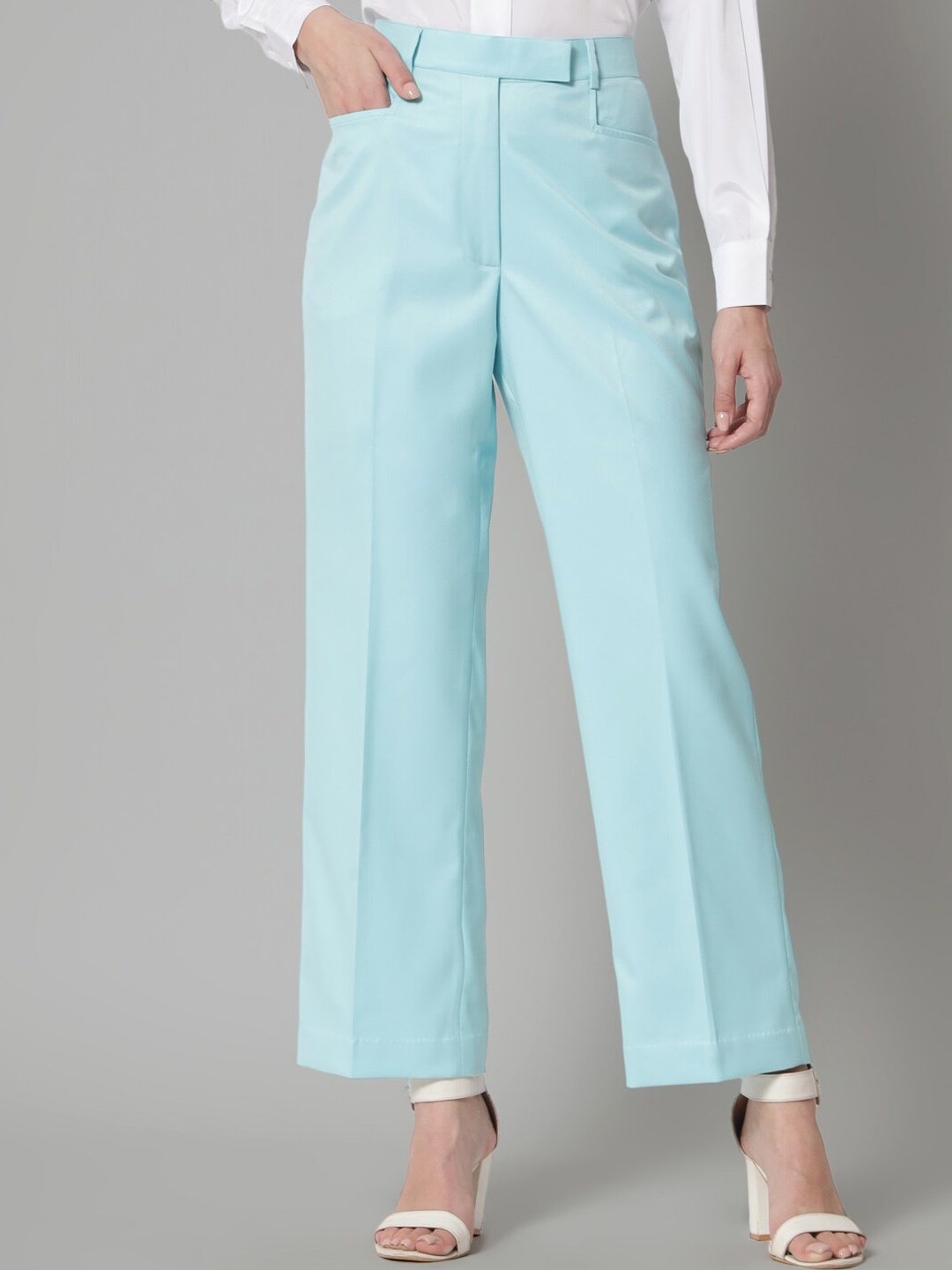 

PowerSutra Women Mid-Rise Tailored Fit Easy Wash Parallel Trousers, Blue
