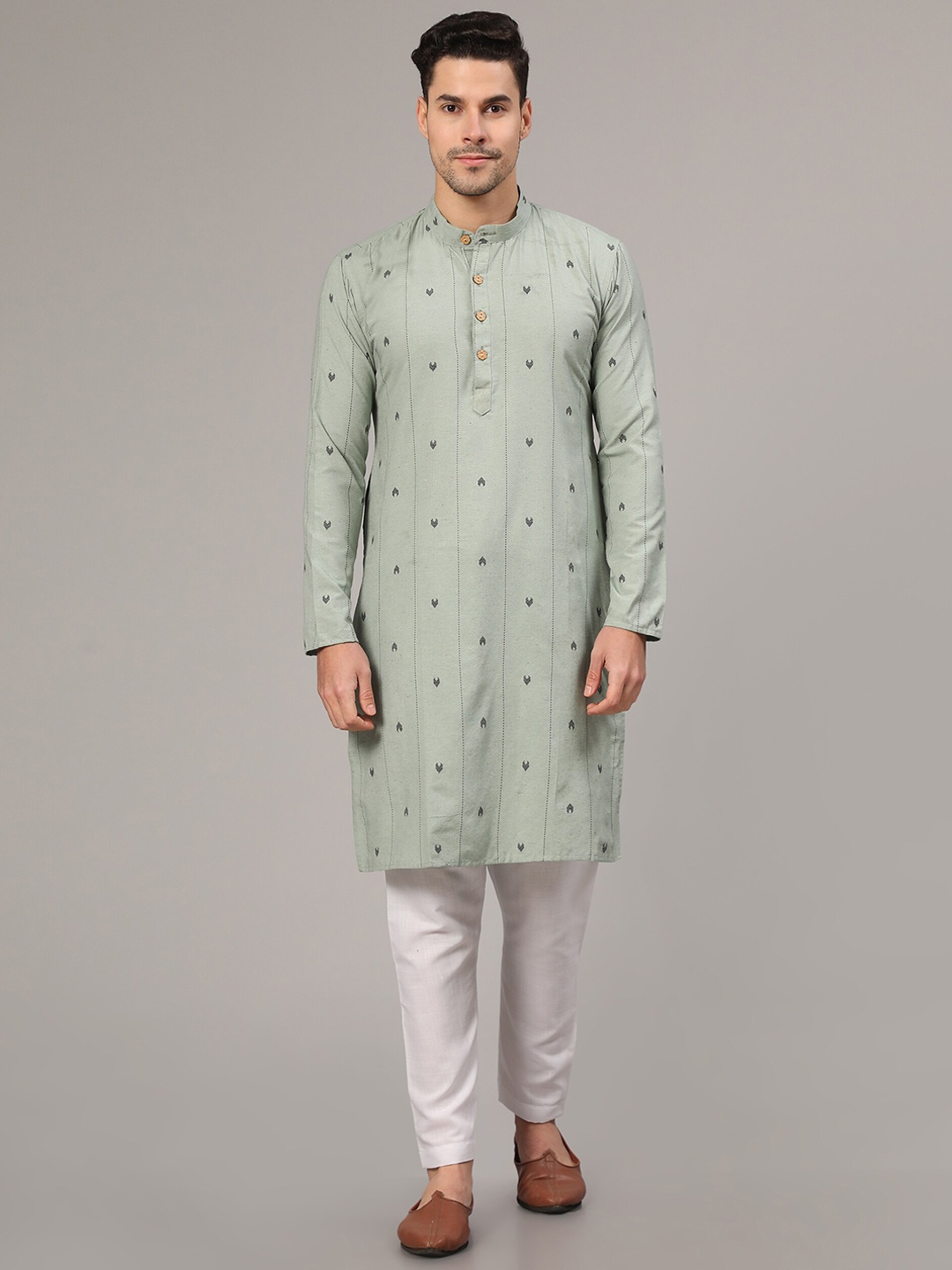 

Murta Trends Ethnic Motif Woven Band Collar Design Regular Kurta With Pyjamas, Olive