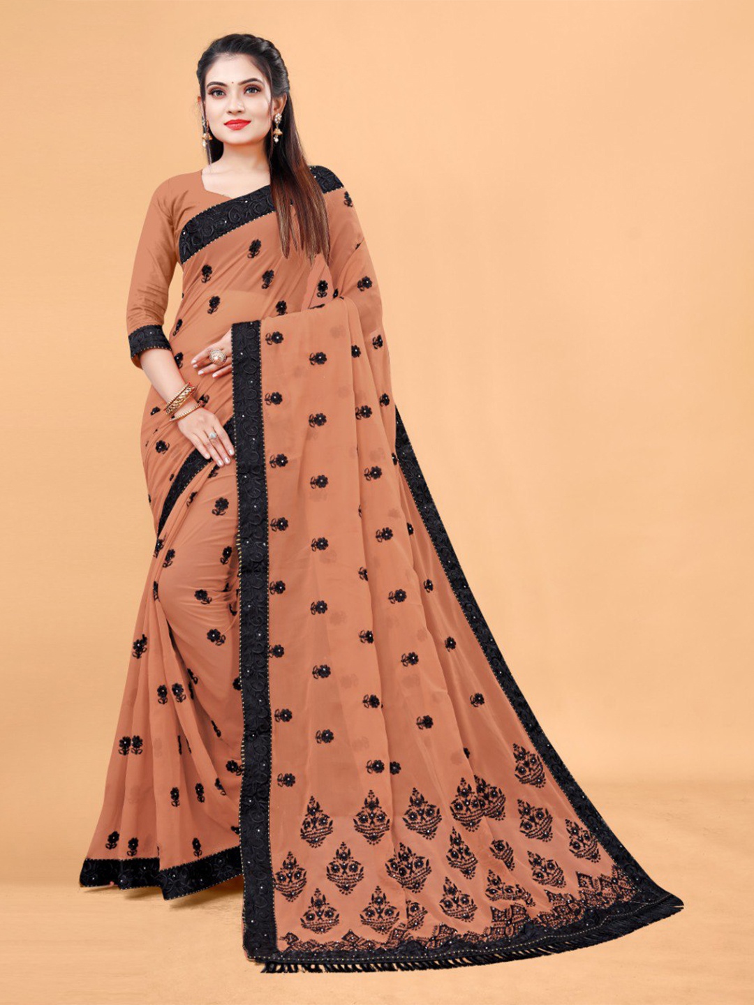 

VEERAX Floral Embroidered Beads & Stones Saree, Brown
