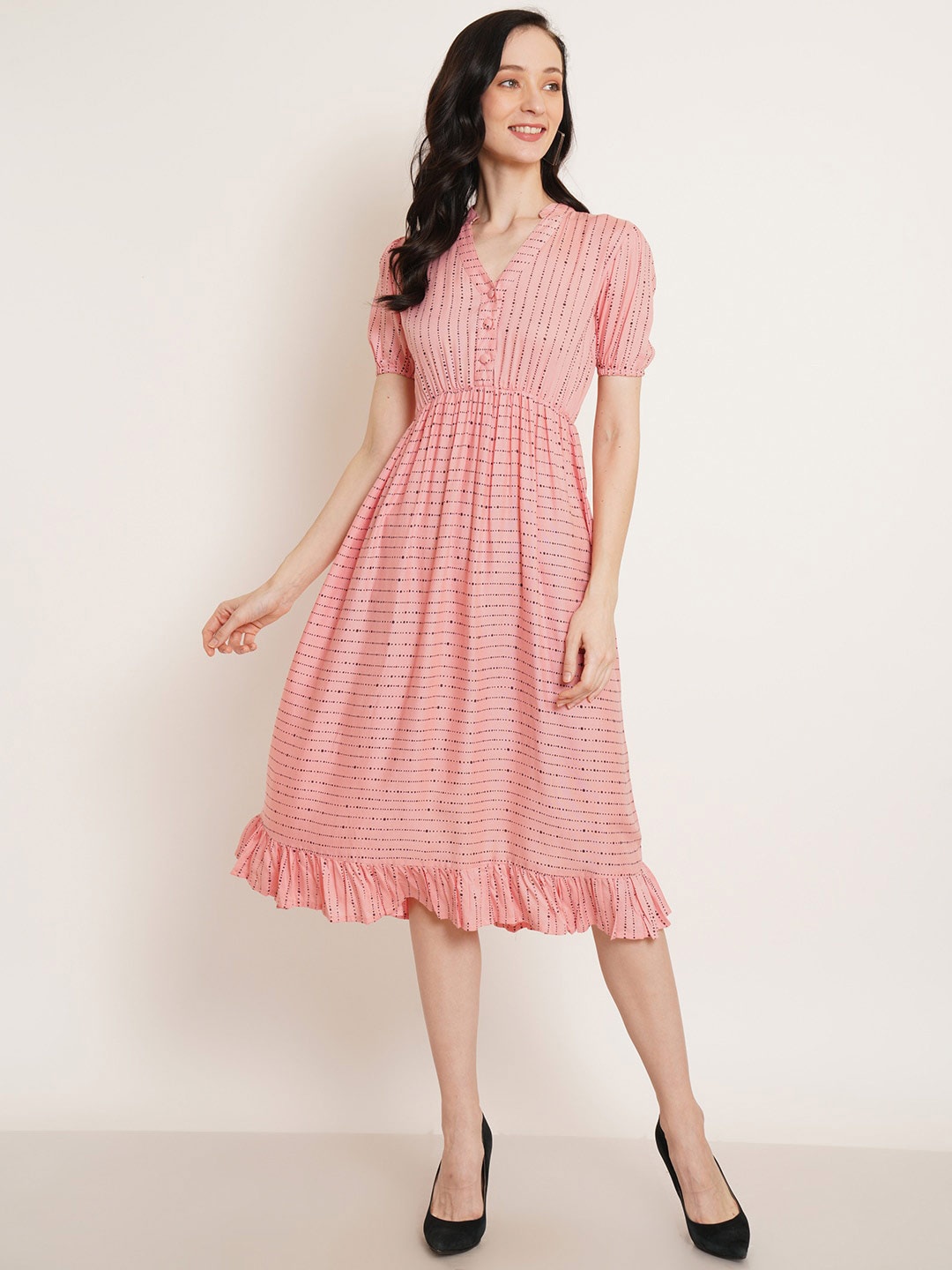 

U&F Pink Polka Dot Print Puff Sleeve Fit & Flare Midi Dress