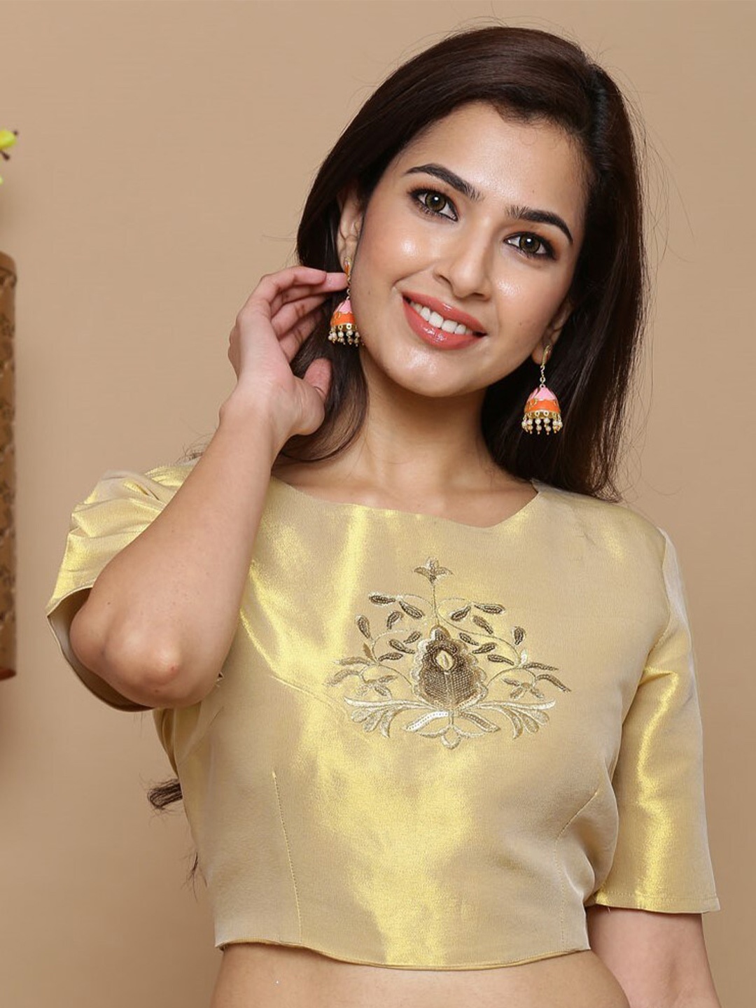 

Juniper Embroidered Floral Printed Ethnic Satin Blouse, Gold