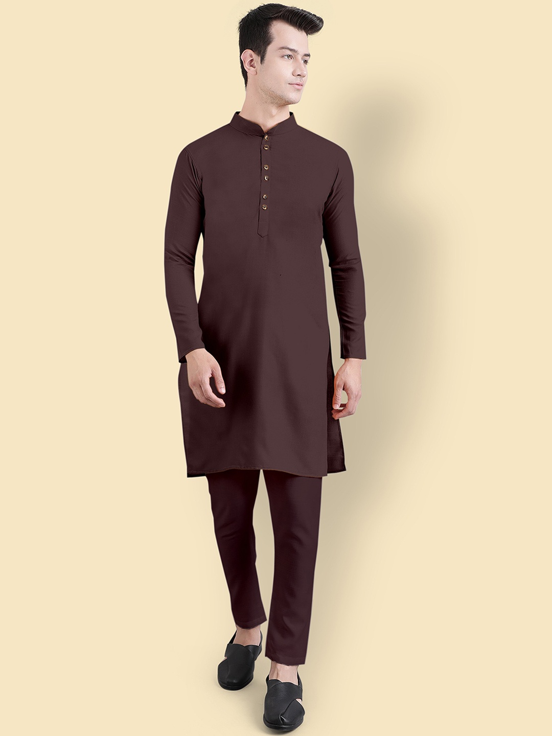

Murta Trends Mandarin Collar Kurta with Pyjamas, Coffee brown