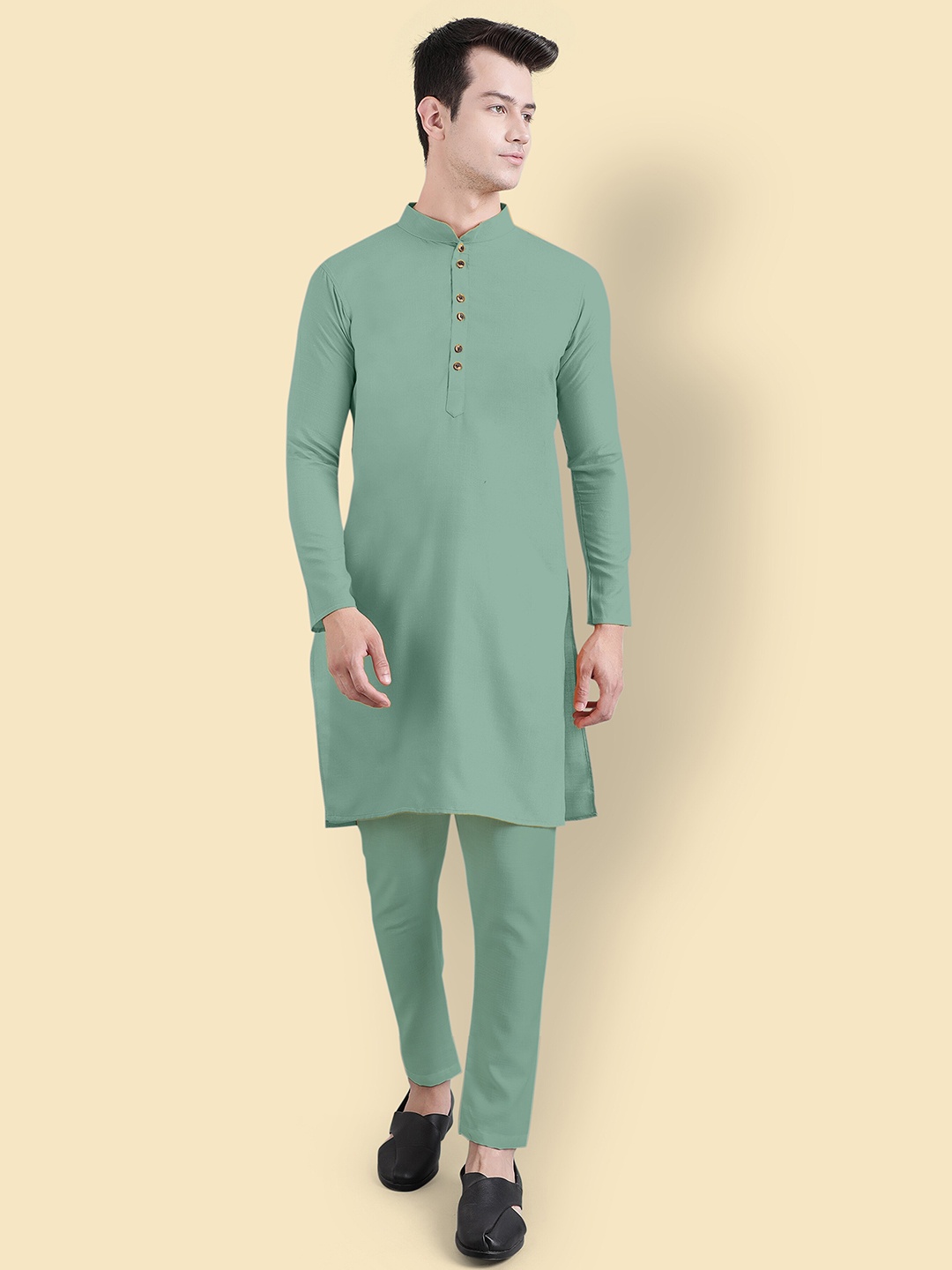 

Murta Trends Mandarin Collar Regular Straight Kurta With Pyjamas, Olive