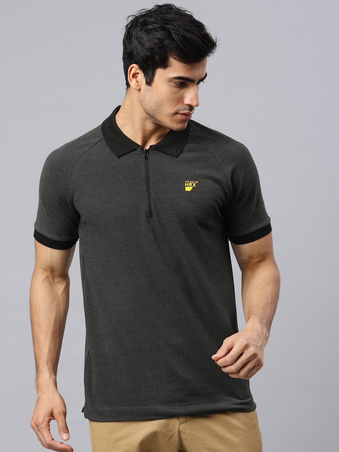 

HRX by Hrithik Roshan Men Charcoal Grey Solid Polo Collar T-shirt