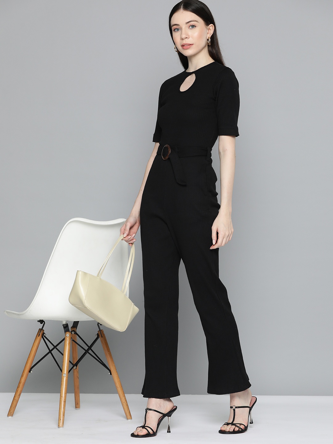 

Chemistry Basic Keyhole Neck Pure Cotton Jumpsuit With Belt, Black