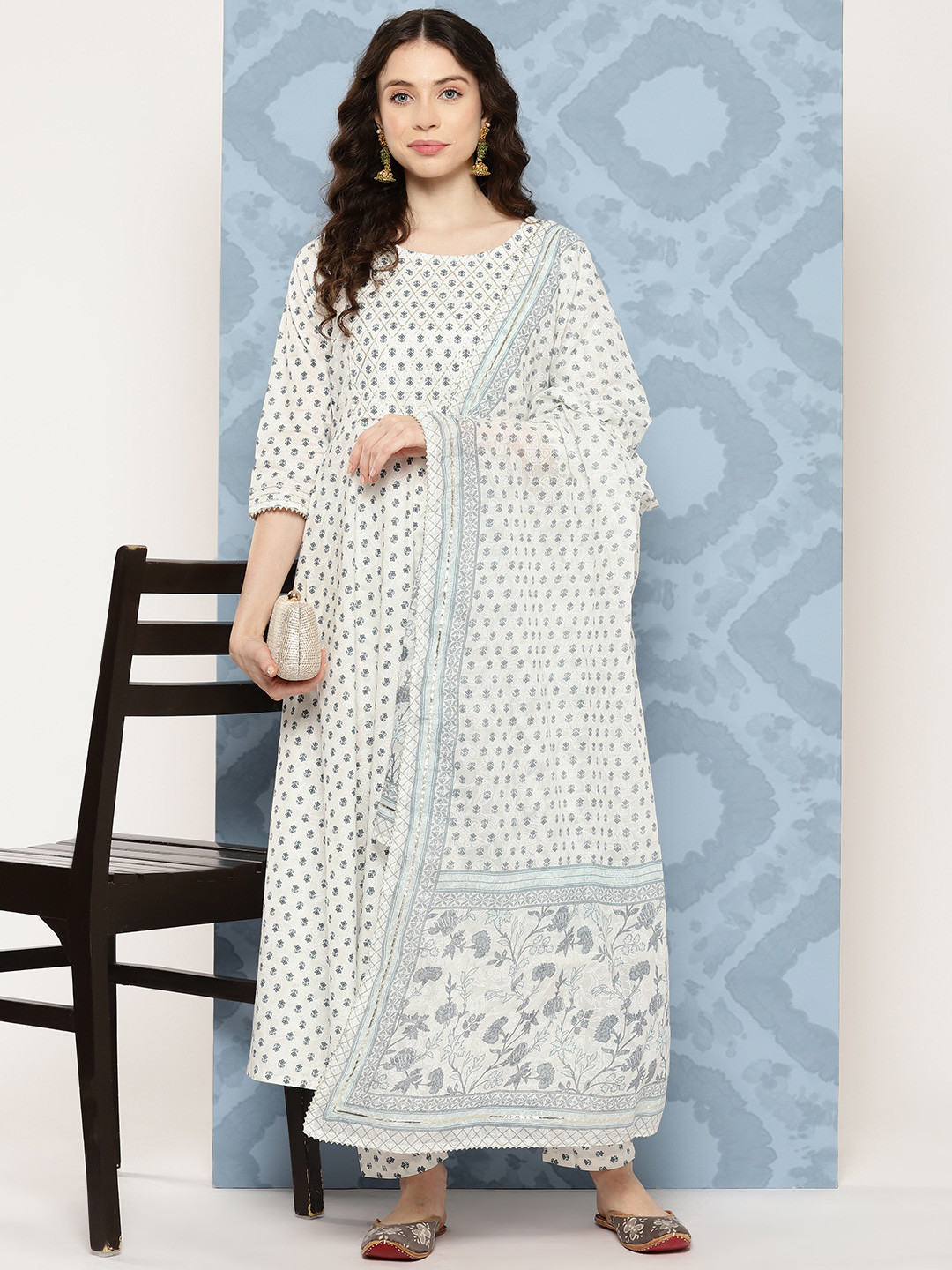 

Nayo Women Ethnic Motifs Printed Regular Pure Cotton Kurta with Trousers & Dupatta, Off white